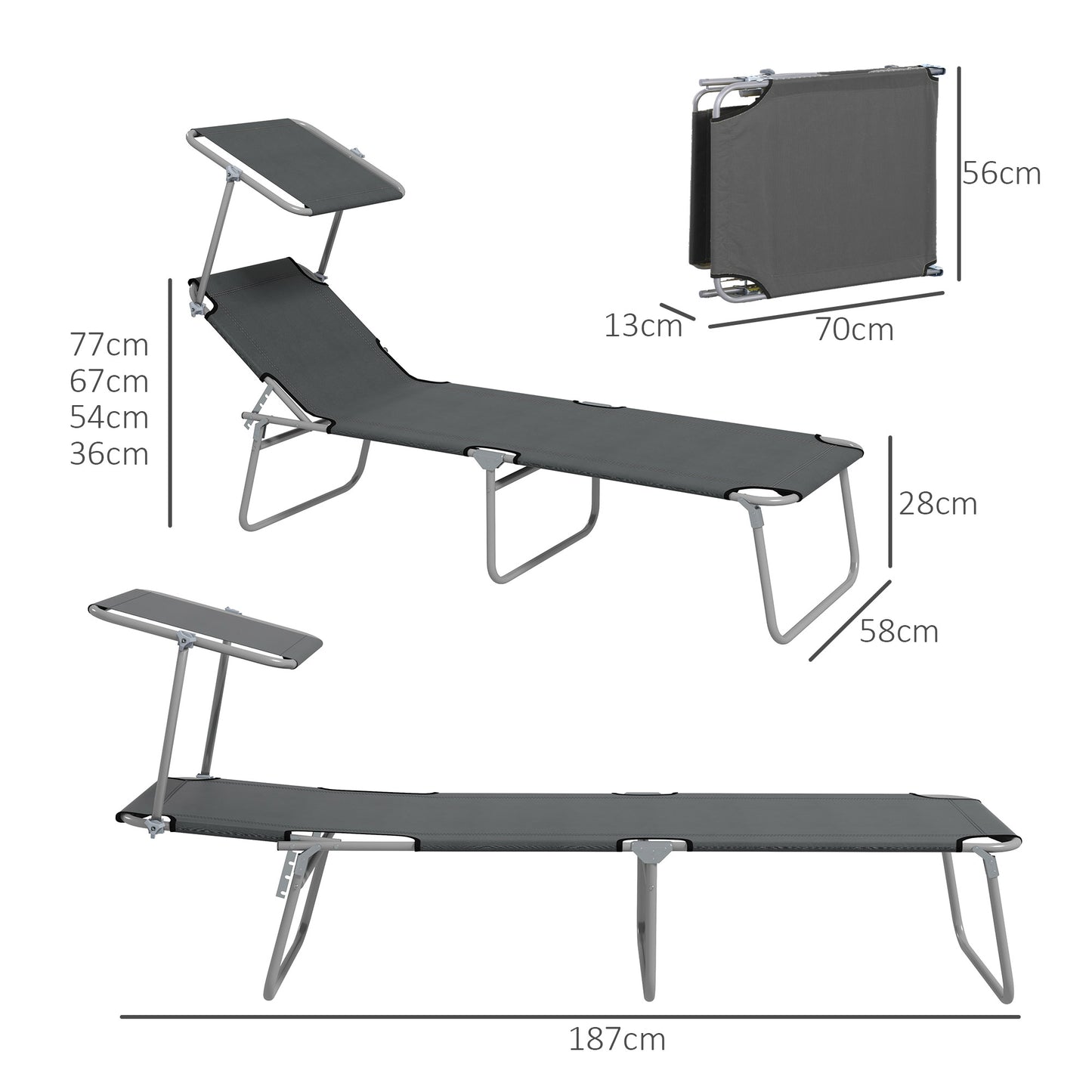 Outsunny Adjustable Reclining Sun Lounger Set for Outdoor Relaxation, Canopy Shade, Portable & Foldable - Grey (Set of 2) - ALL4U RETAILER LTD