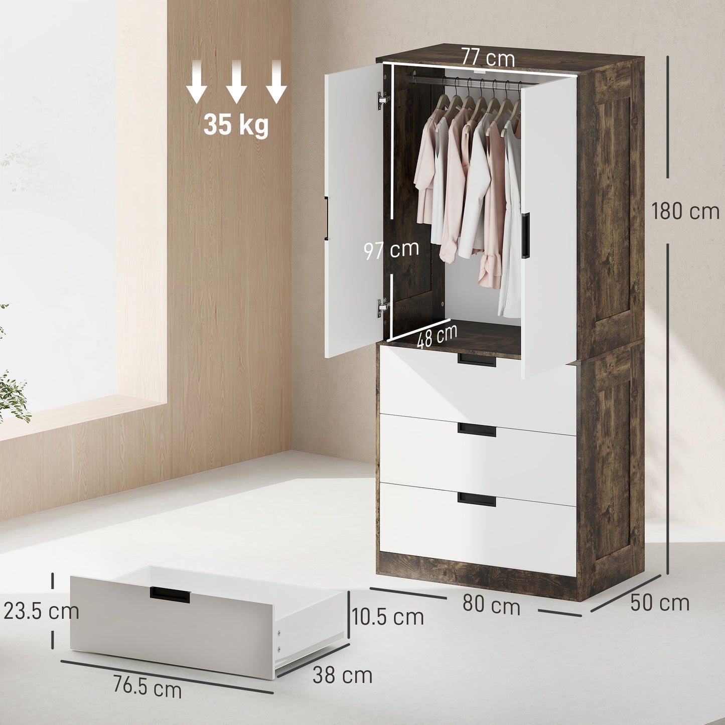 HOMCOM Modern Clothes Storage Cupboard With Hanging Rod 2 Doors 3 Drawers Rustic Brown And White Wardrobe