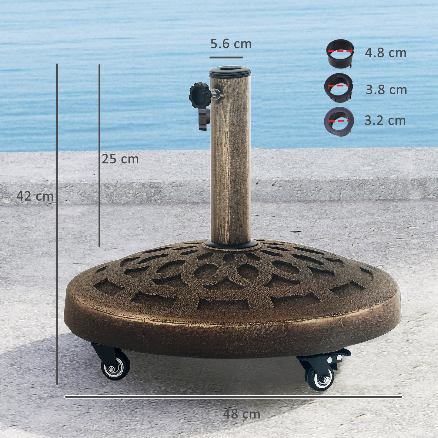 Outsunny 21kg Resin Garden Parasol Base With Wheels Round Umbrella Stand For 32 38 48 Mm Poles Heavy Duty Bronze Tone