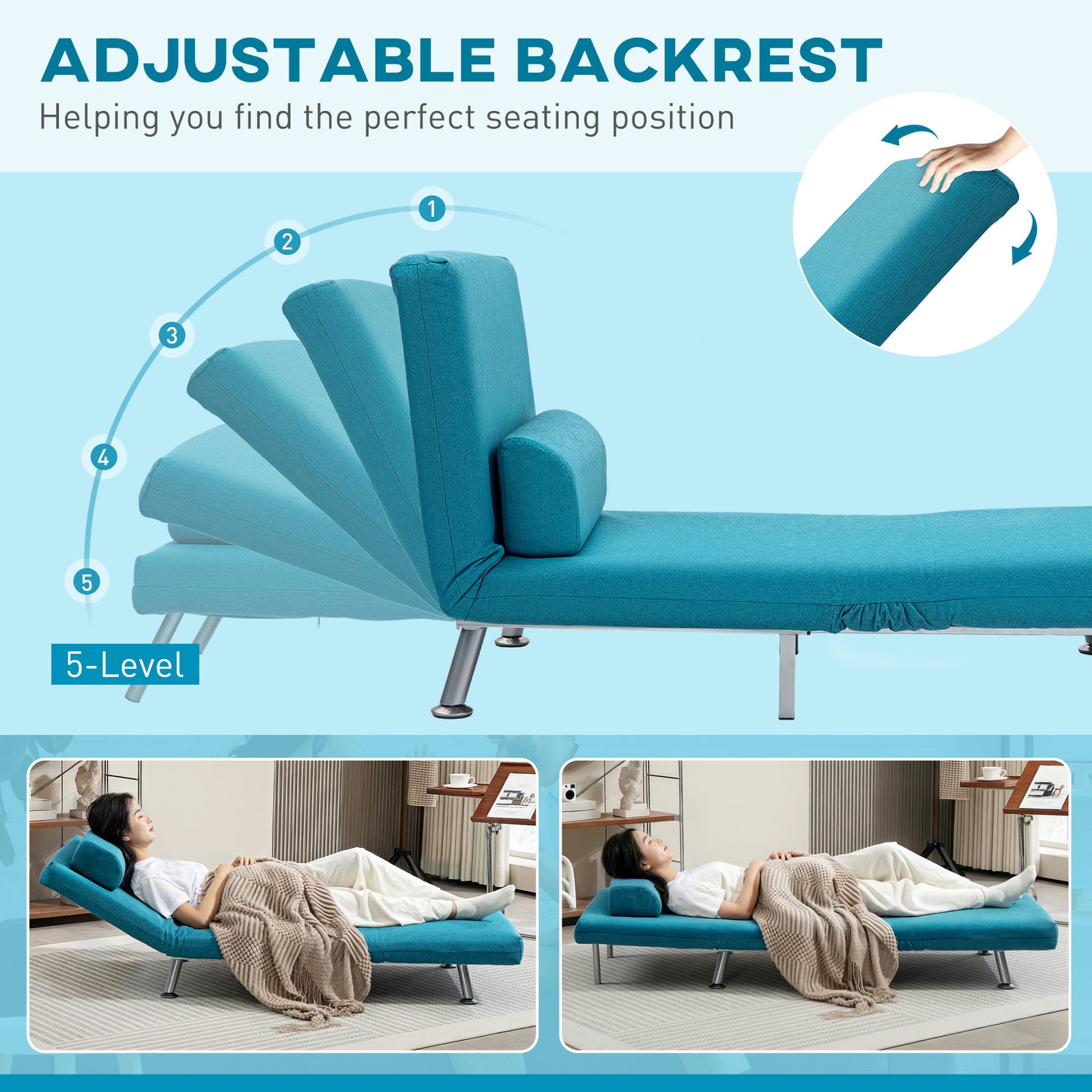 HOMCOM Single Linen Feel Sleeper Chair Dark Blue Three In One Convertible Chair To Chaise And Bed