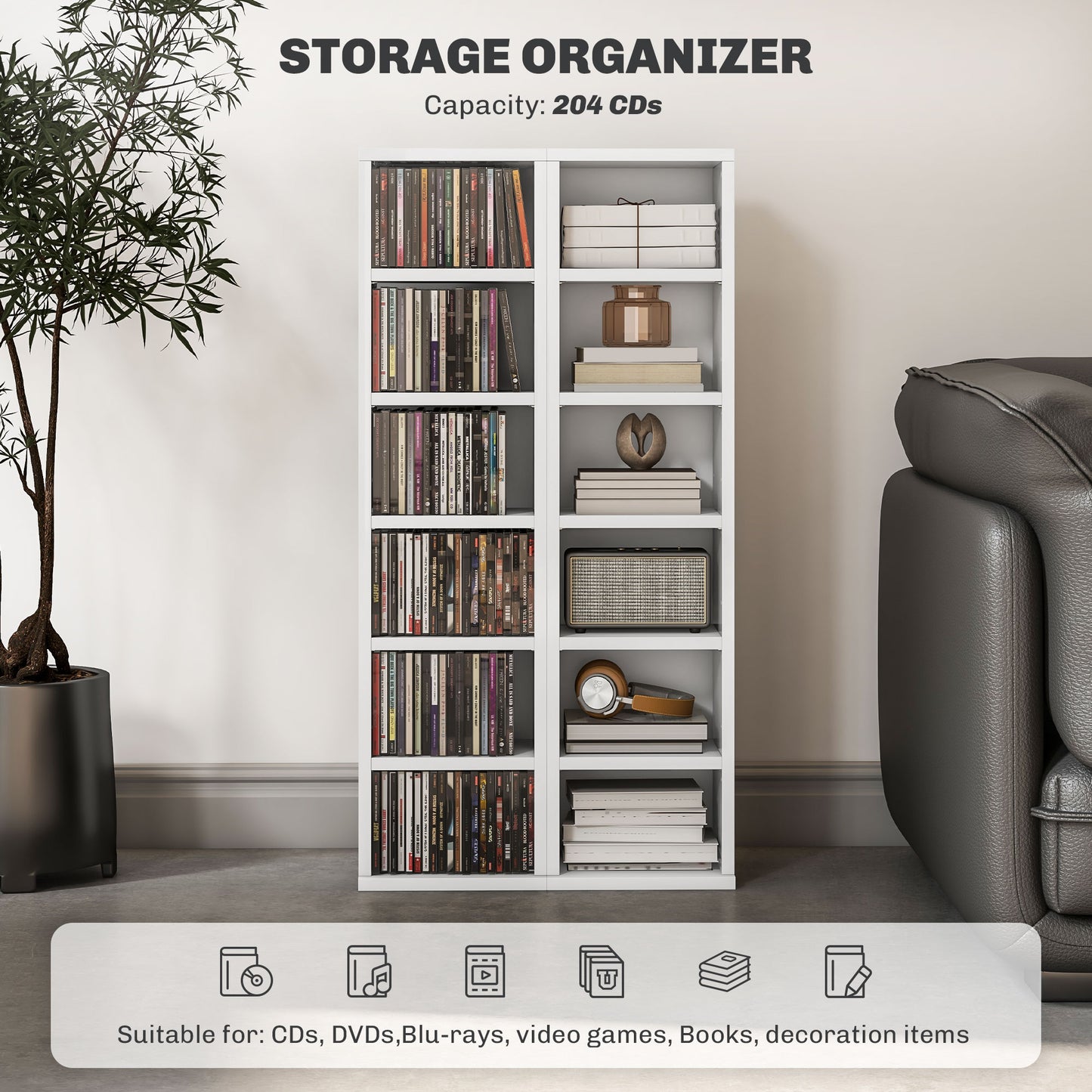 HOMCOM Pair of High Gloss White CD Storage Units - Each Holds 102 CDs - ALL4U RETAILER LTD