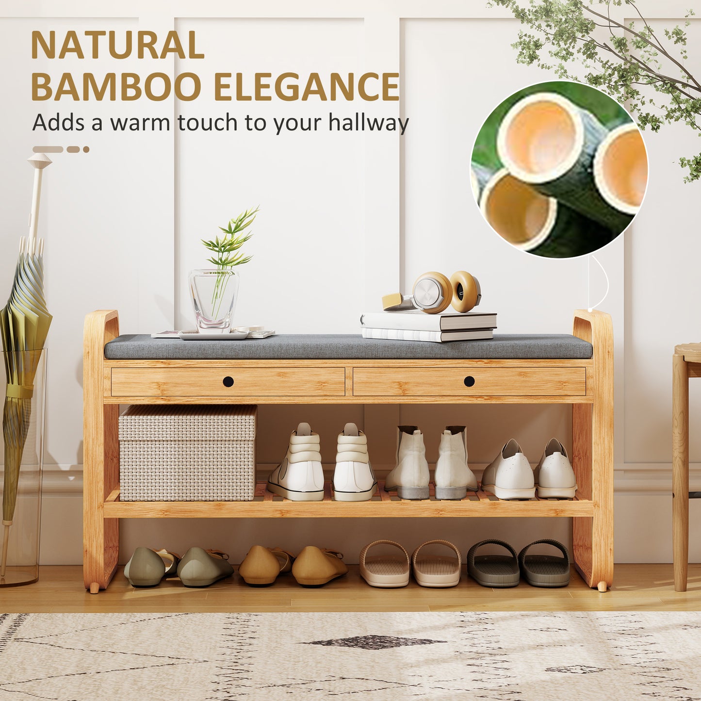 HOMCOM Shoe Bench With Cushioned Seat And Two Drawers 105 Cm Natural And Grey Hallway Storage
