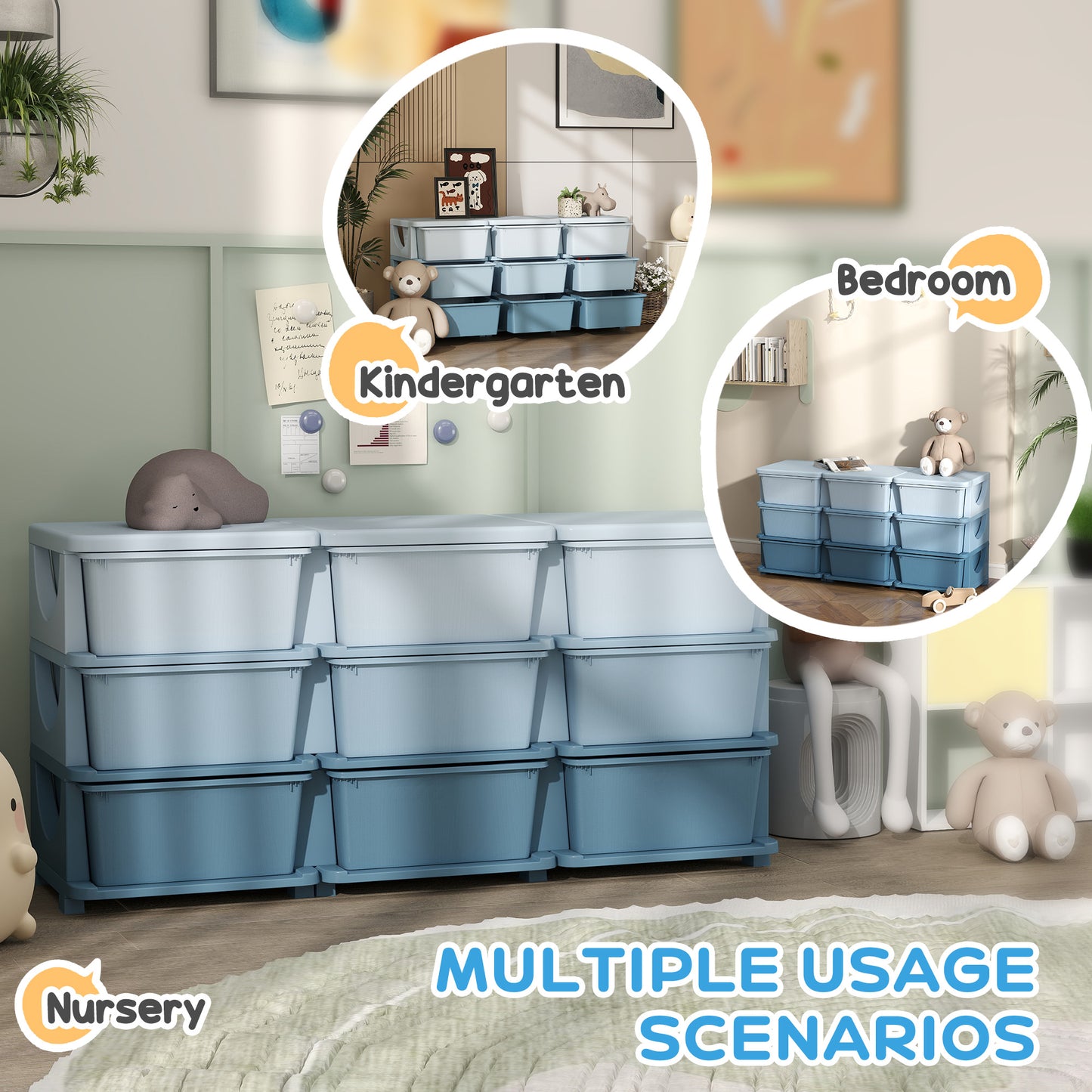 HOMCOM Kids Storage Unit With Nine Drawers Blue Durable PP Material Toy Organizer For Kids Bedroom