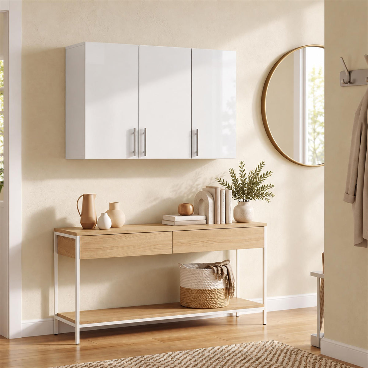 White bathroom wall cabinet with three doors and metal bar handles