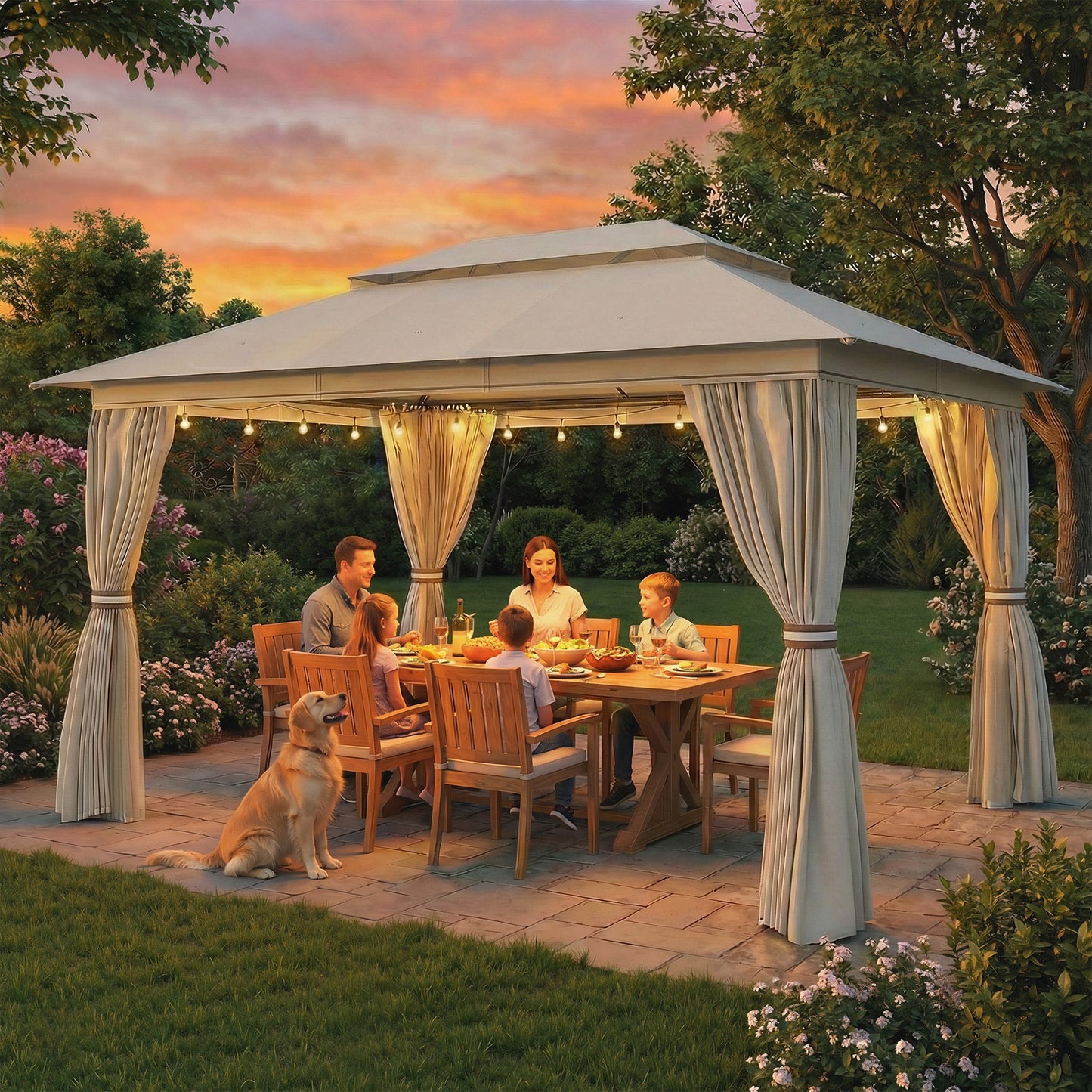 Outsunny 3 x 4 m Outdoor Garden Gazebo Netting Curtains UPF50 Plus Permanent Pavilion Canopy Beige