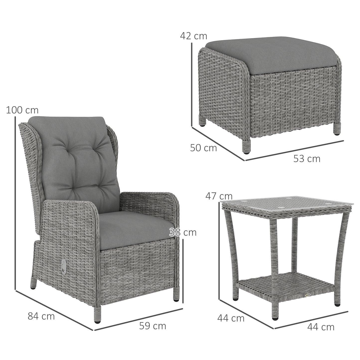 Outsunny 5 Piece Rattan Bistro Set Adjustable Back Reclining Wicker With Cushions Glass Top Table Light Grey