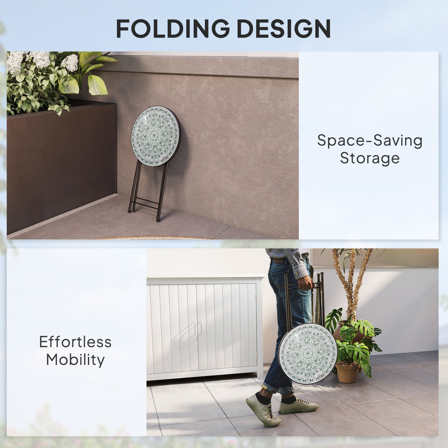 Outsunny Mosaic Outdoor Garden Table Round Folding Coffee Table 35.5cm With Metal Frame For Balcony Terrace Green