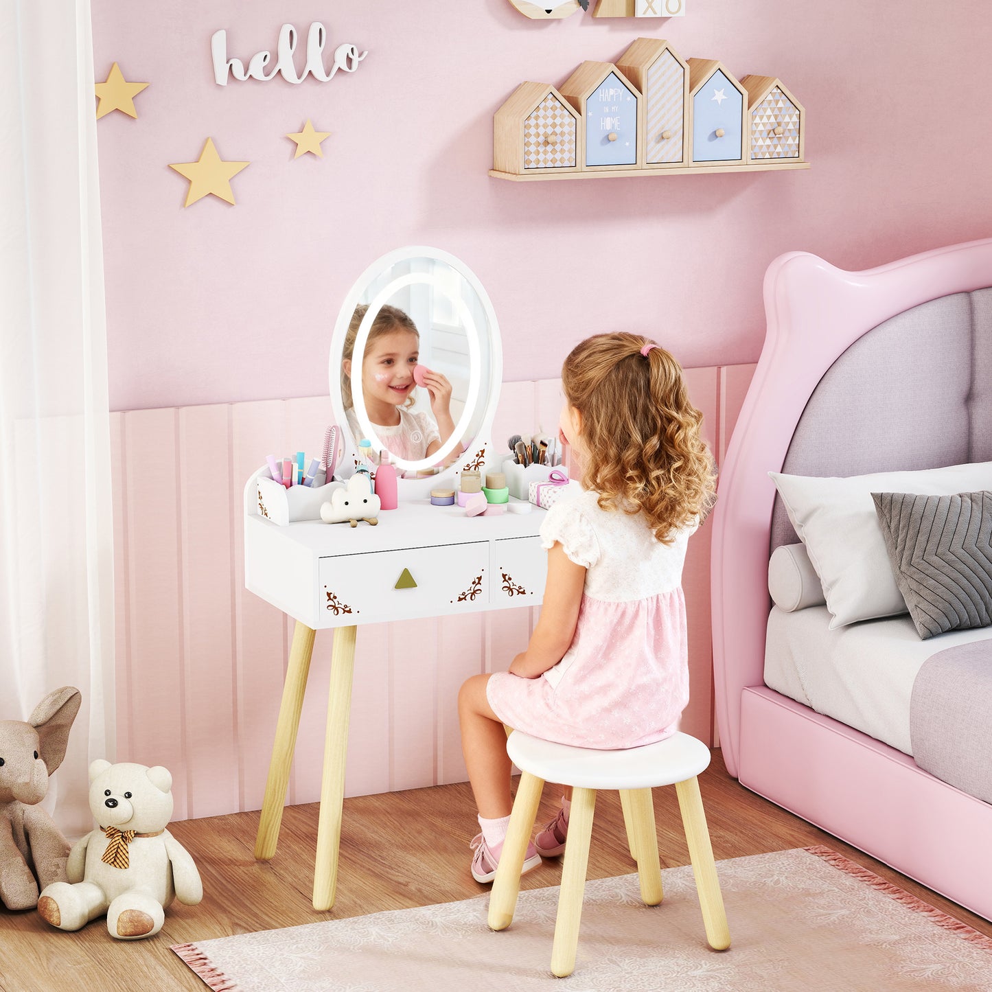 AIYAPLAY Kids Vanity Table And Chair Set With 3 Color LED Lights Mirror And Storage Drawers For Ages 3 And Up White