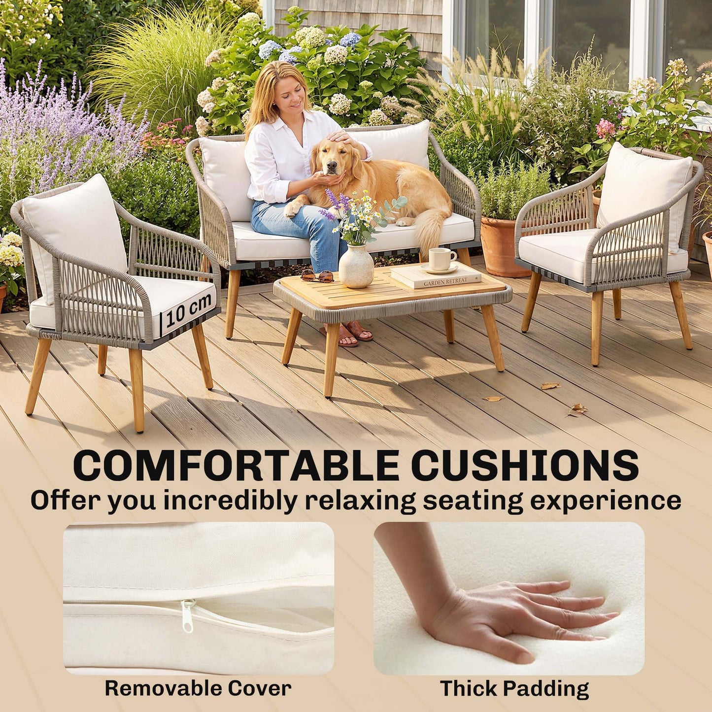 Outsunny 4 Piece Rattan Garden Furniture Set With Loveseat Armchairs And Wood Table Conversation Set Cream White