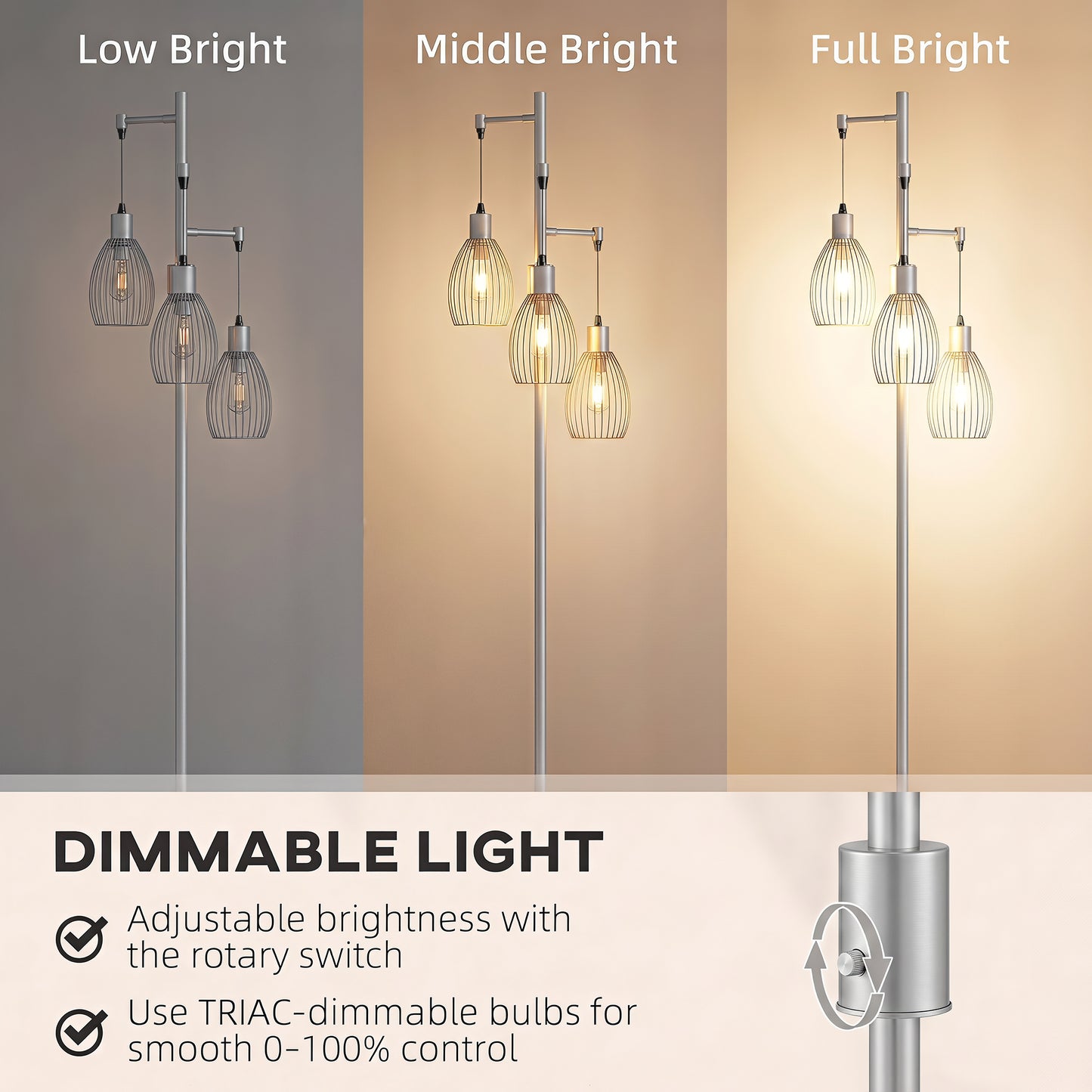 HOMCOM 170.5cm Industrial Dimmable Standing Lamp Three Light Floor Lamp With Steel Wire Cage Lampshades Silver Tone