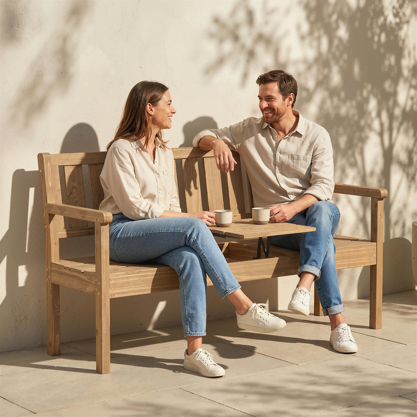Outsunny Wooden Garden Bench With Liftable Table And Shelf Two To Three Seater Loveseat With Fir Wood Frame Teak