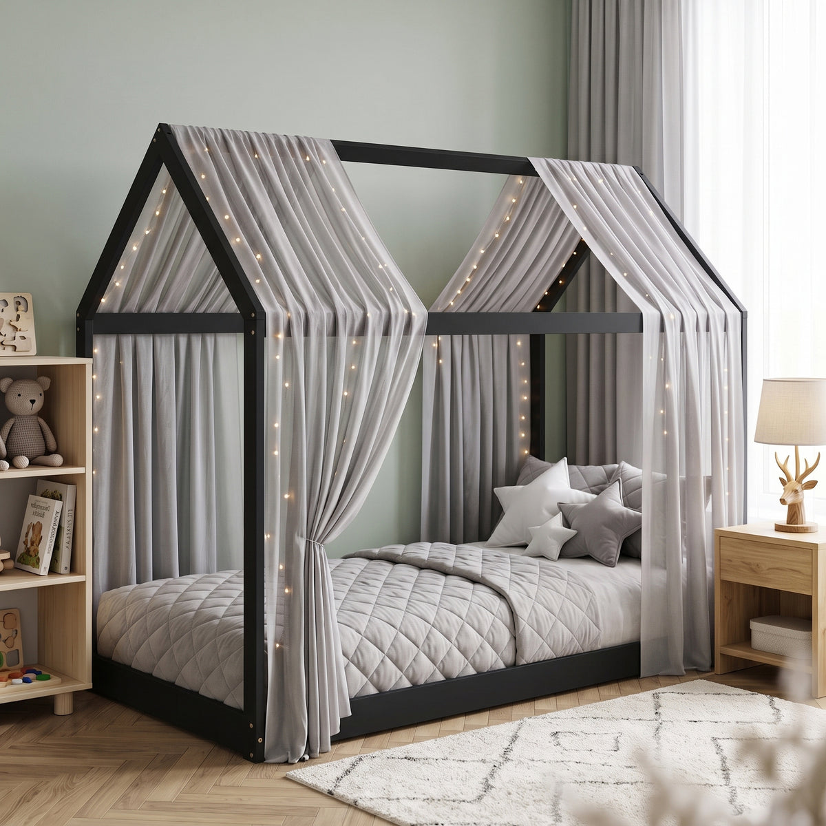 Homcom House Shaped Single Bed Frame Scandinavian Wood Platform Base Black