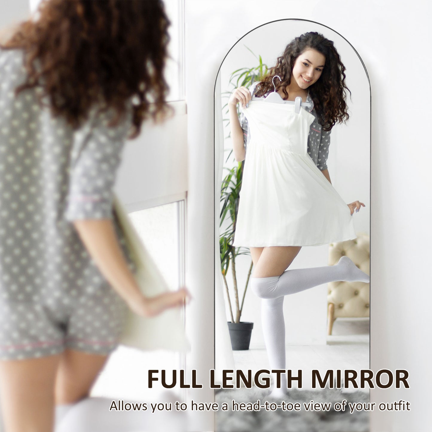 HOMCOM 150cm Arched Full Length Mirror Black Floor Standing Leaner For Full Body View