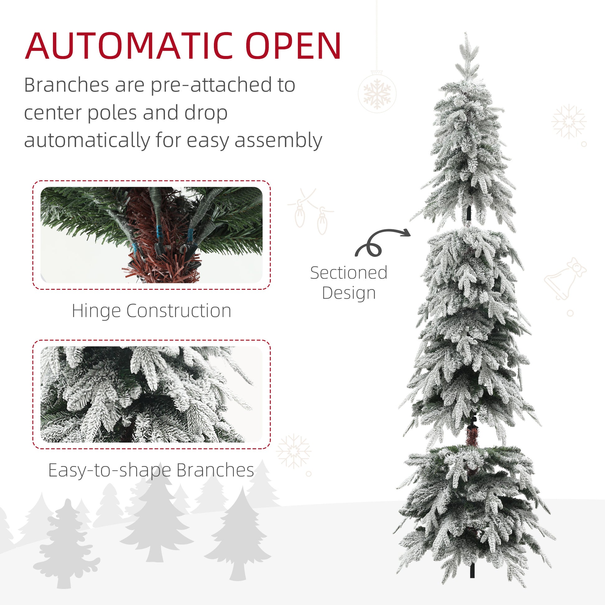 HOMCOM 7ft Snow-Flocked Pencil Christmas Tree with 800 Tips and Auto-Open Design, Perfect for Home and Office Holiday Decor - ALL4U RETAILER LTD