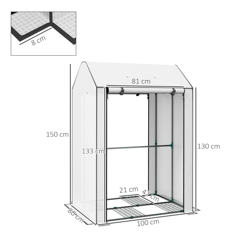 Outsunny Portable Mini Greenhouse with 4 Wire Shelves - Upgraded Tomato Greenhouse for Plants, Roll-Up Door, Vents - 100 x 80 x 150cm, White | Compact Garden Grow House
