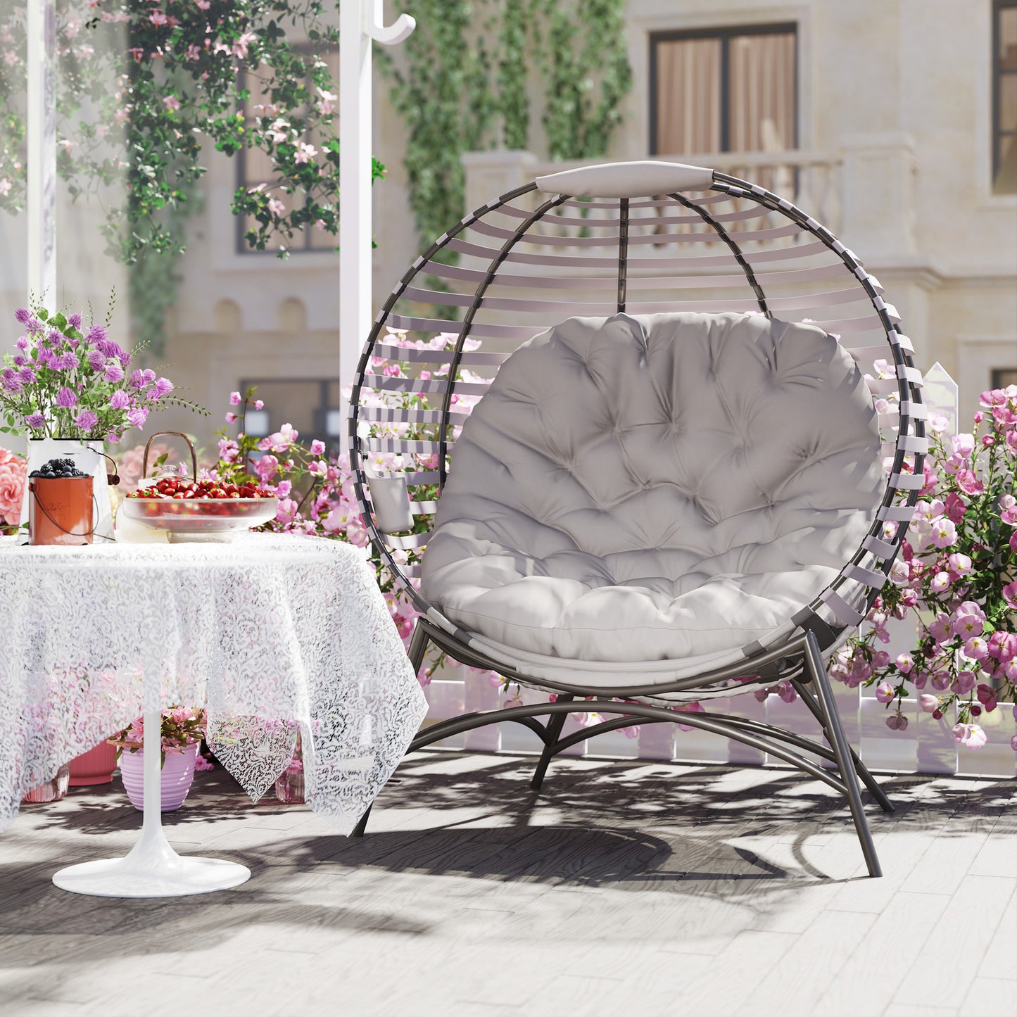 Outsunny Egg Chair With Plush Cushion And Side Pocket For Outdoor Use In Light Grey