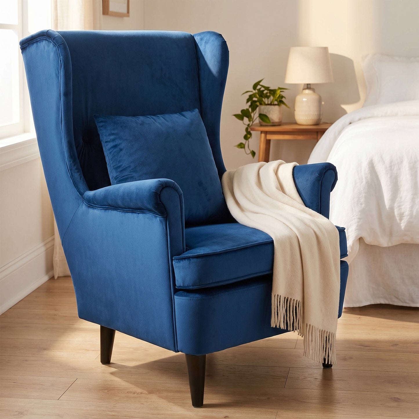 HOMCOM Velvet Wingback Reading Chair with High Backrest and Removable Pillow Cover Blue