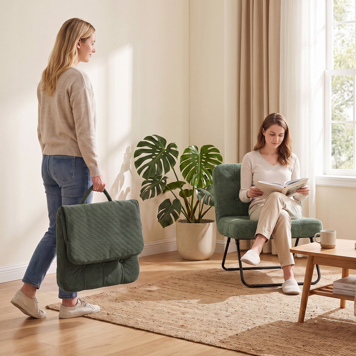 Two women carrying a dark green foldable accent chair with tufted back and black metal frame