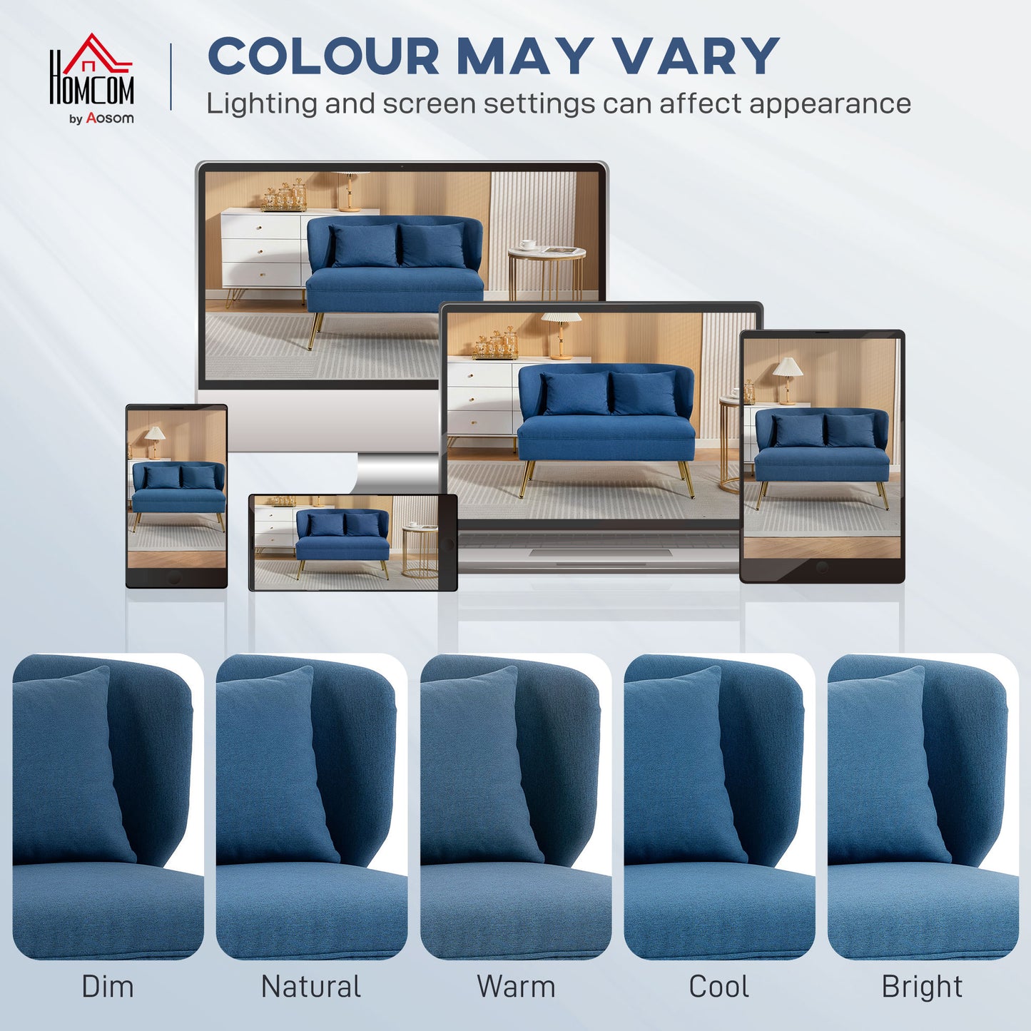 HOMCOM 2 Seater Sofa With Wing Back, Linen Look Fabric, Thick Cushioned Seat, Metal Legs, Dark Blue