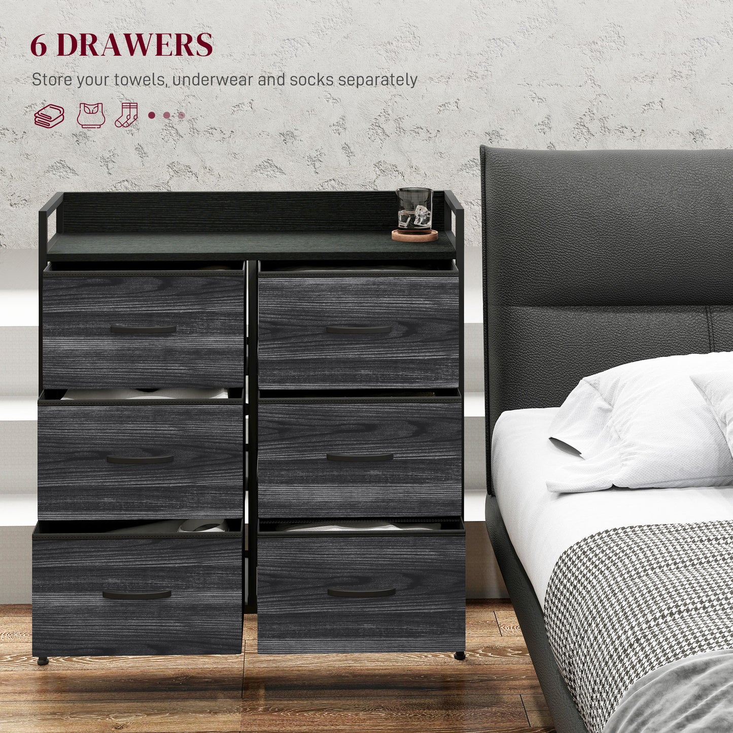 HOMCOM Rustic Chest Of Six Fabric Drawers Black For Clothes Storage And Organising