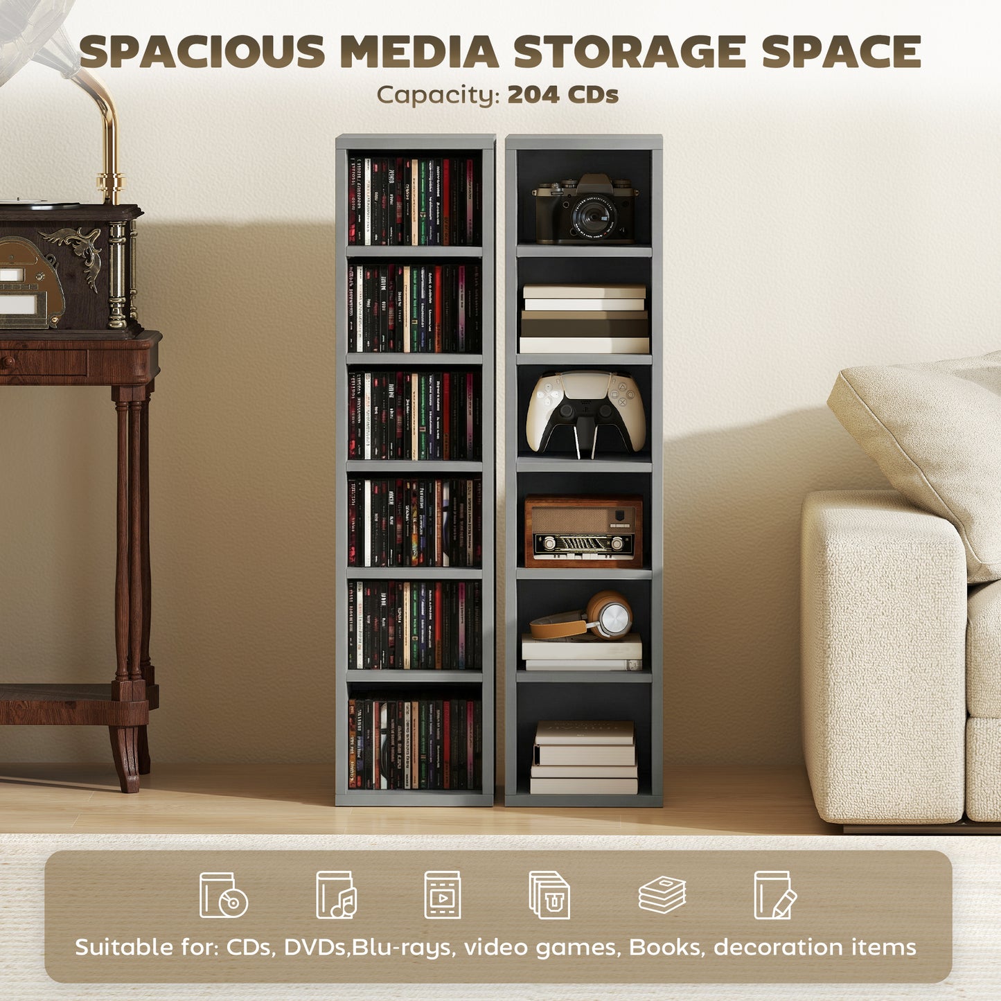 HOMCOM Set of 2 CD Media Display Shelves With Adjustable Shelves Tower Rack Light Grey