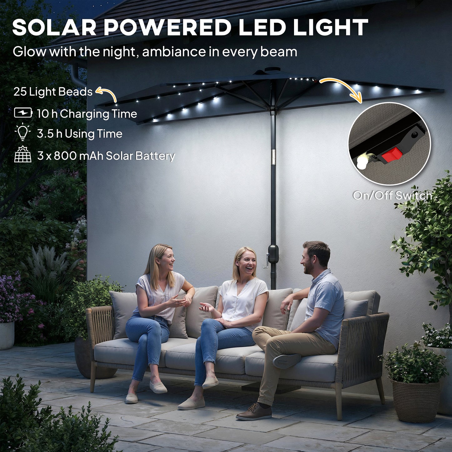 Outsunny 2.6 m Half Garden Parasol Solar LED Lights UPF50 Semi Round Umbrella 30 Degree Tilt Crank Handle Dark Grey