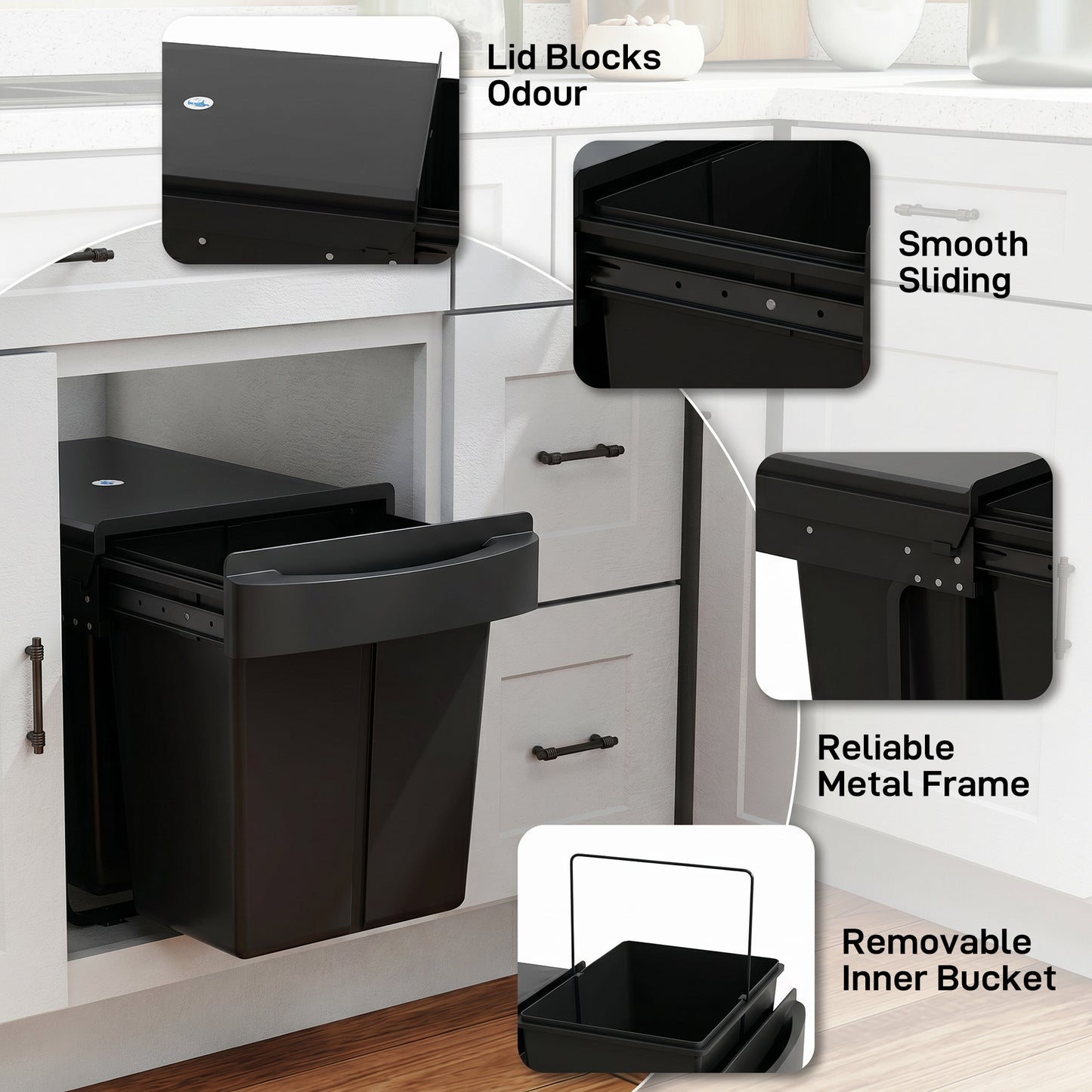 HOMCOM Pull Out Kitchen Bin With Dual Removable Compartments Under Sink Soft Glide Black