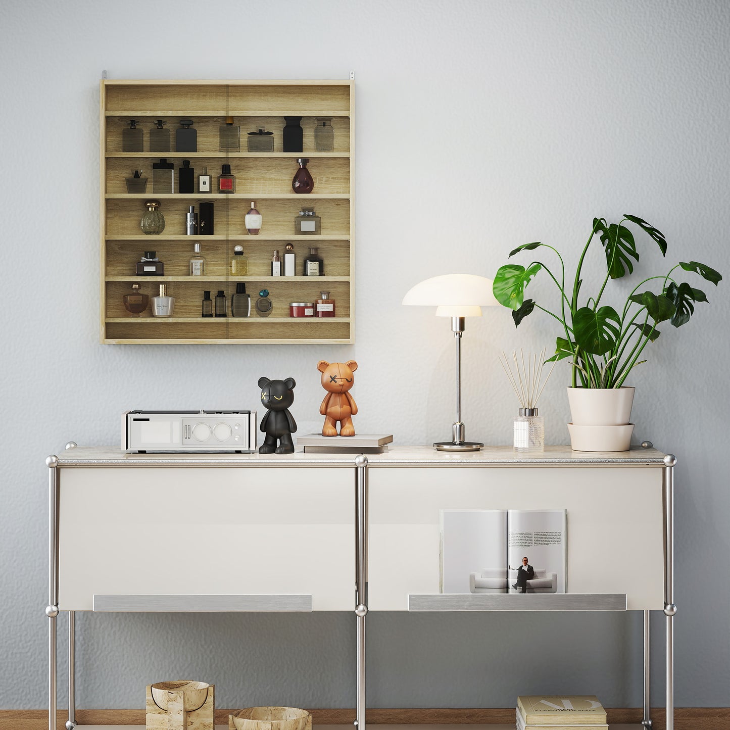 HOMCOM Six Shelf Display Cabinet With Glass Doors Oak Finish For Living Room