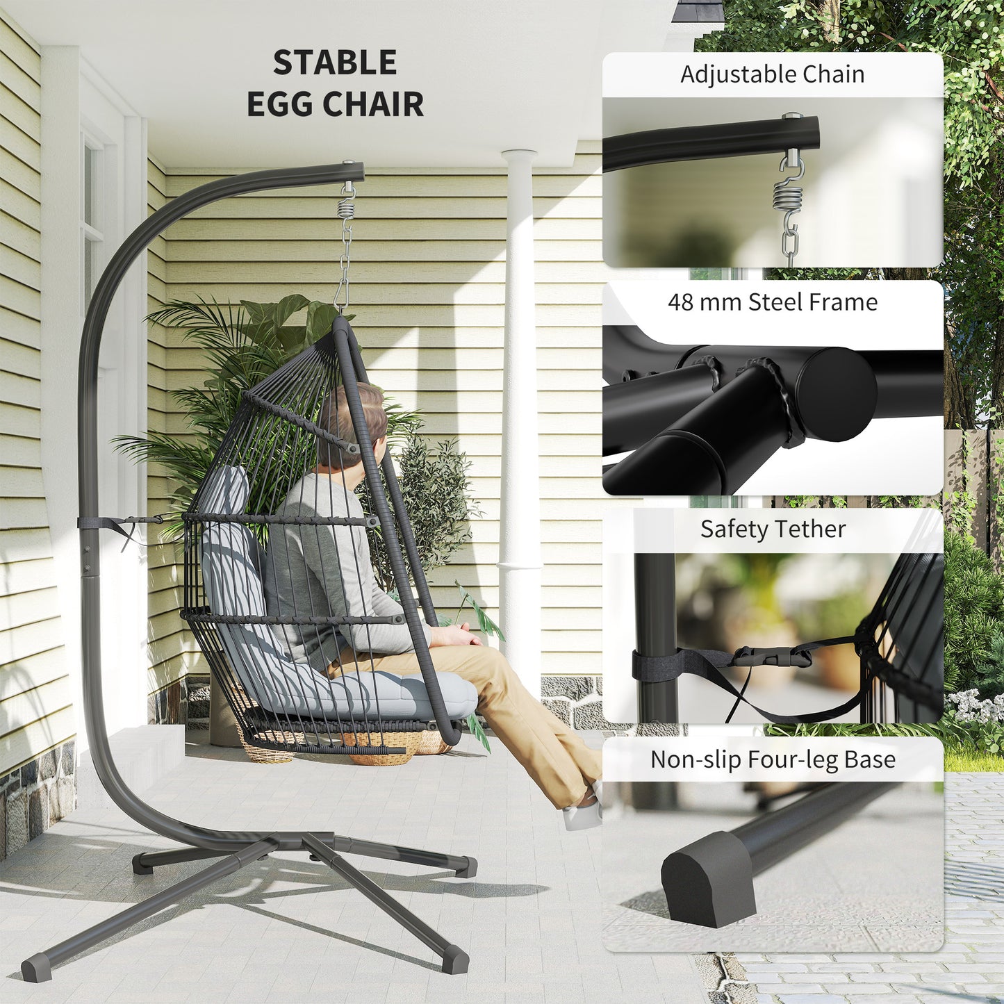Outsunny Rattan Hanging Egg Chair With Stand Outdoor Indoor Foldable Wicker Swing With Cushion Capacity 150 Kg Dark Grey