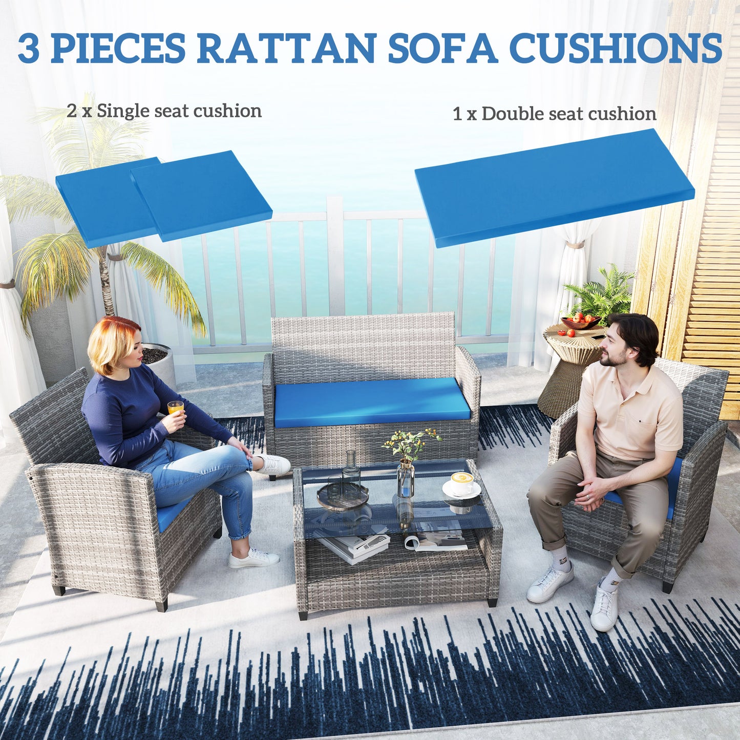 Outsunny Outdoor Seat Cushions for Rattan Furniture 3 Pack Sky Blue Cushions for Garden Set