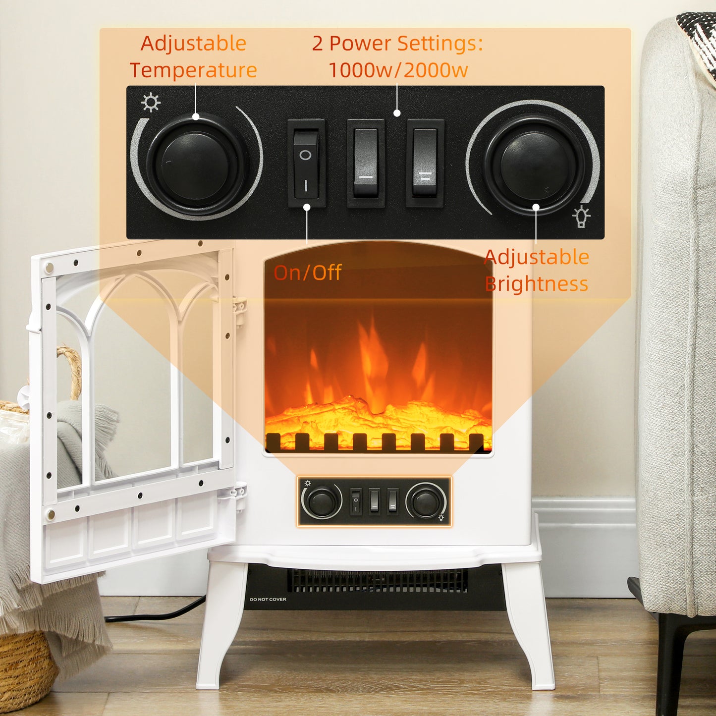 HOMCOM Freestanding Electric Fireplace With LED Flame Effect And Overheating Safety System 1000W/2000W White
