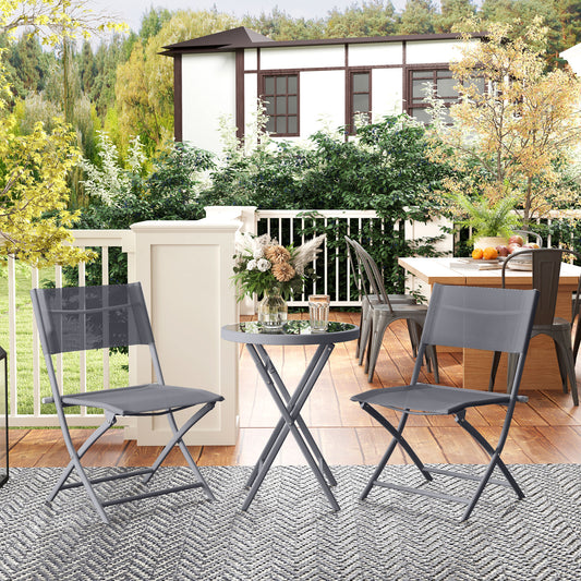 Outsunny 3 Piece Outdoor Bistro Set Glass Top Table and Two Folding Chairs with Protective Feet Grey