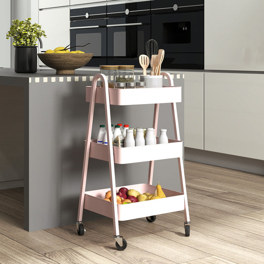 HOMCOM Three Tier Storage Trolley On Wheels Pink with Four Casters and Two Brakes