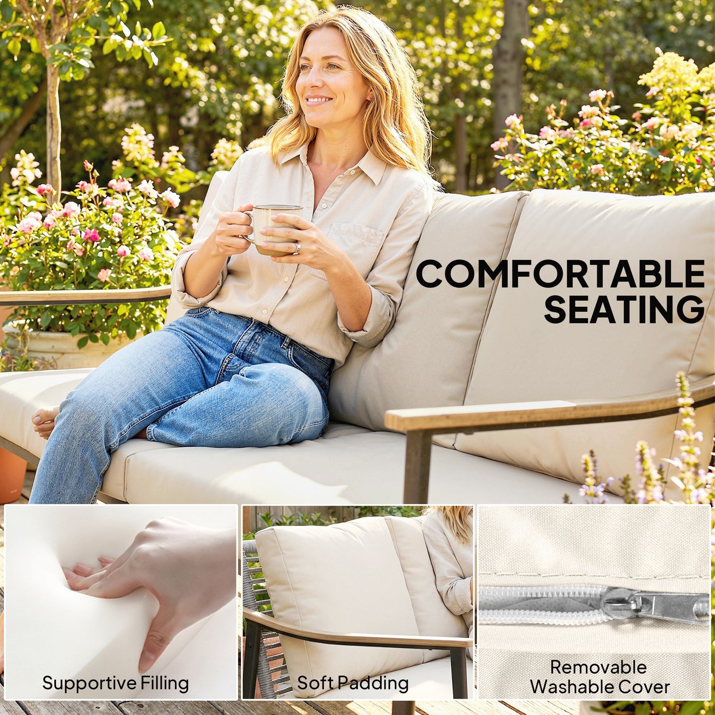 Outsunny 3 Seater Rattan Sofa Outdoor Garden Sofa With Wood Effect Armrests Cushions For Patio Balcony Khaki