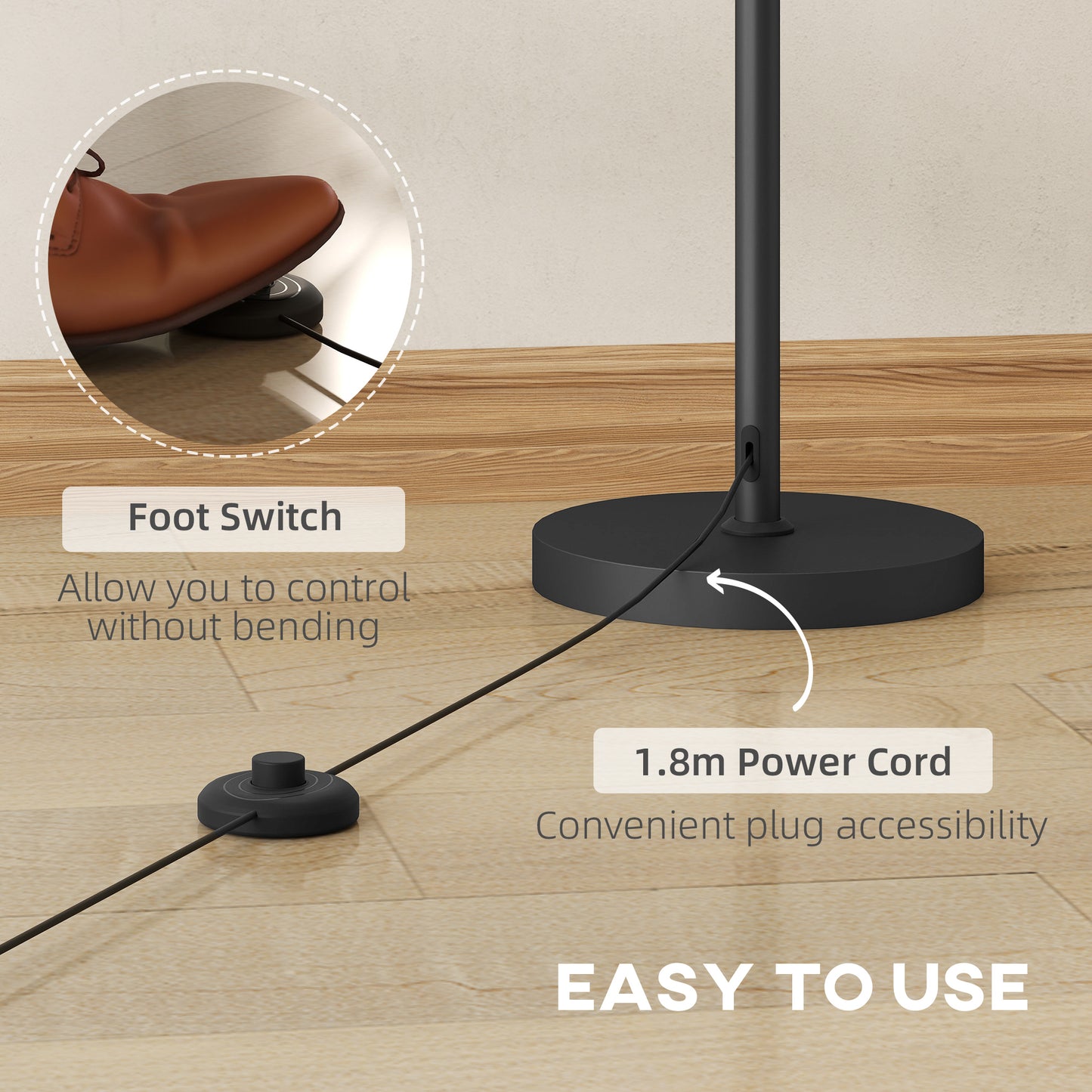 HOMCOM Floor Lamp 165 cm Standing Lamp With 3 Lights and Foot Switch For Living Room Bedroom Office E27 Base 40W Max
