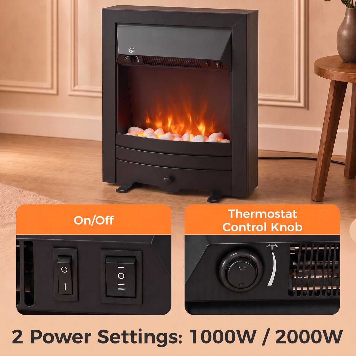 Black freestanding electric fireplace stove with LED flame effect and decorative pebbles in window