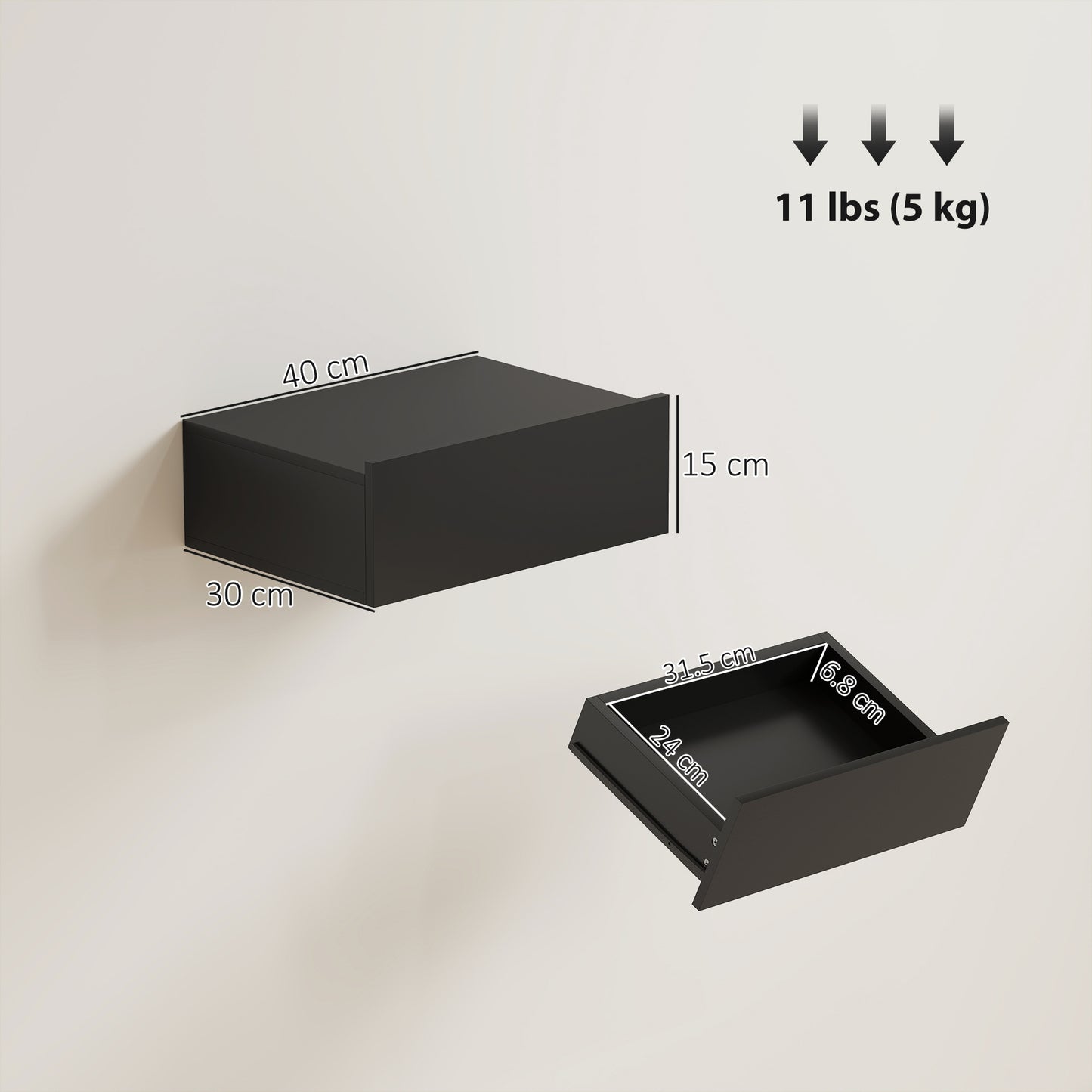 HOMCOM Floating Wall Mounted Bedside Tables Set of 2 with Storage Drawers in Black for Bedroom