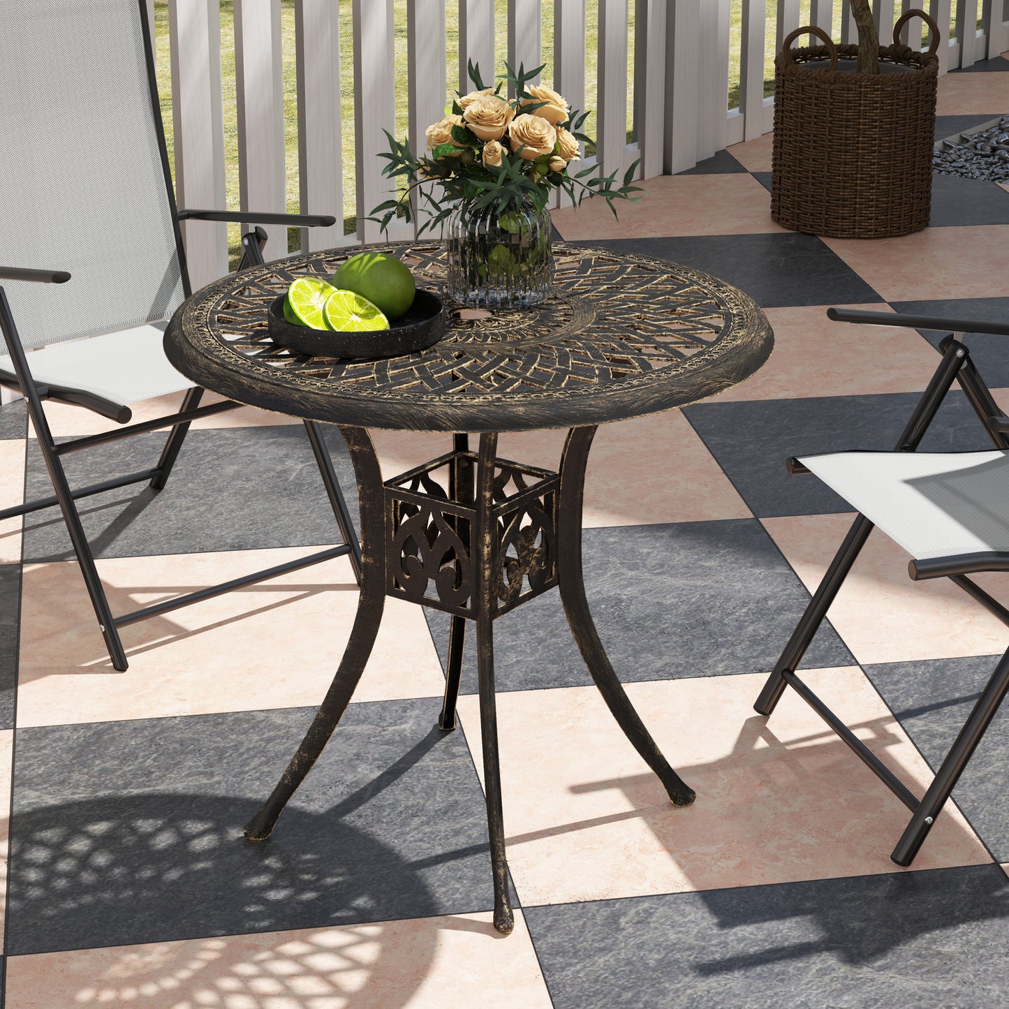 Outsunny 78 Cm Round Garden Dining Table With Parasol Hole Antique Cast Aluminium Bronze Tone Outdoor Table
