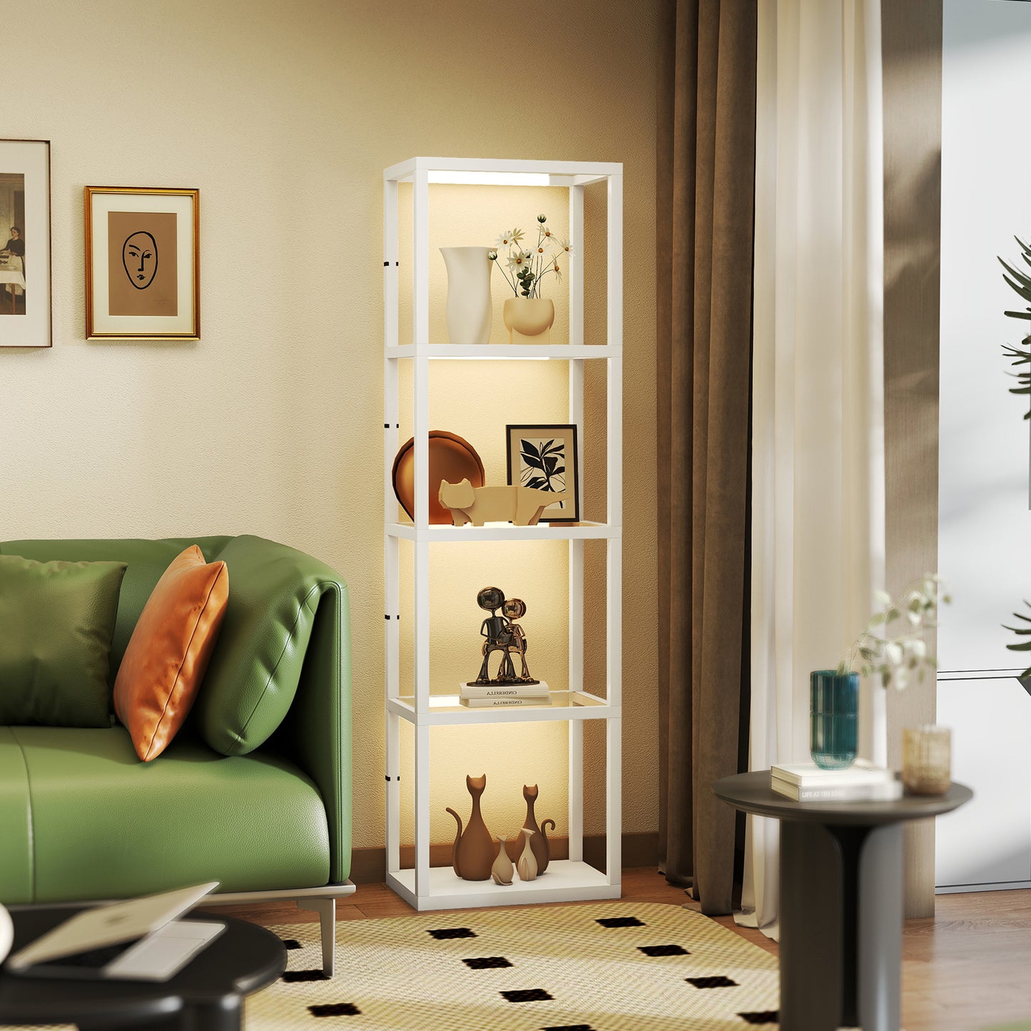 HOMCOM White Four Shelf Floor Lamp With Tempered Glass Shelves And Adjustable Warm White LEDs