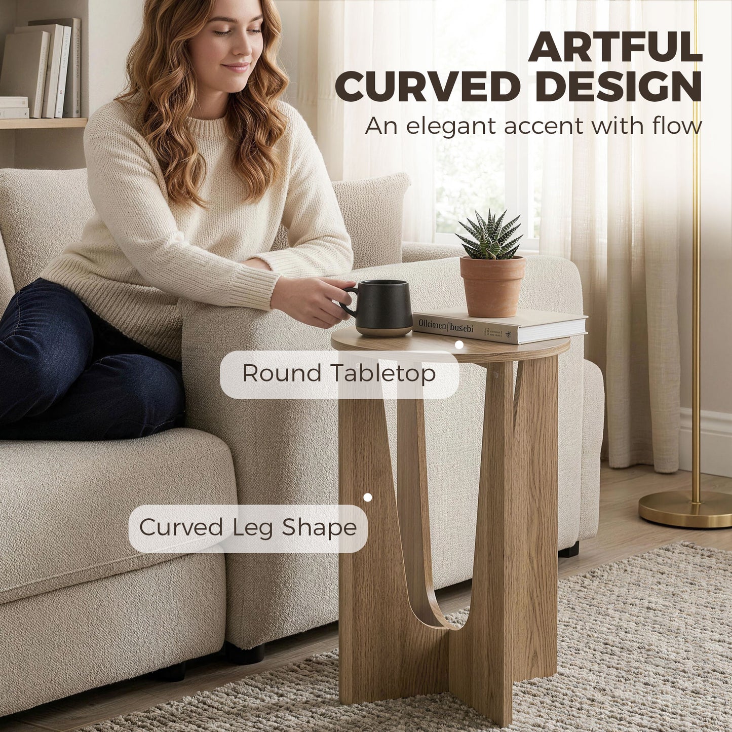 HOMCOM End Table Round Side Table With Curved Legs Coffee Wood Effect Compact Living Room Accent