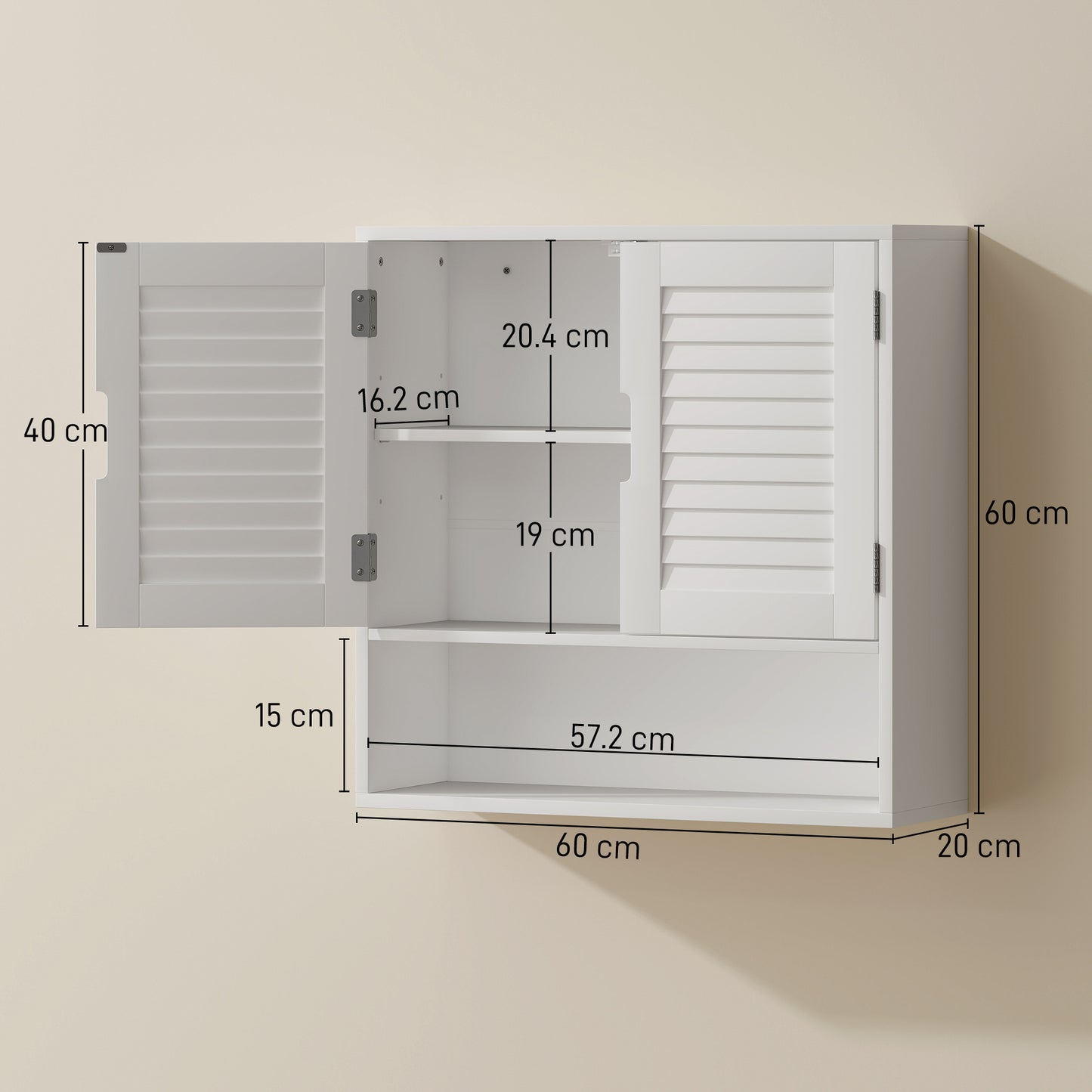 HOMCOM Wall Mounted Bathroom Cabinet With Adjustable Shelves White 60 x 20 x 60 cm
