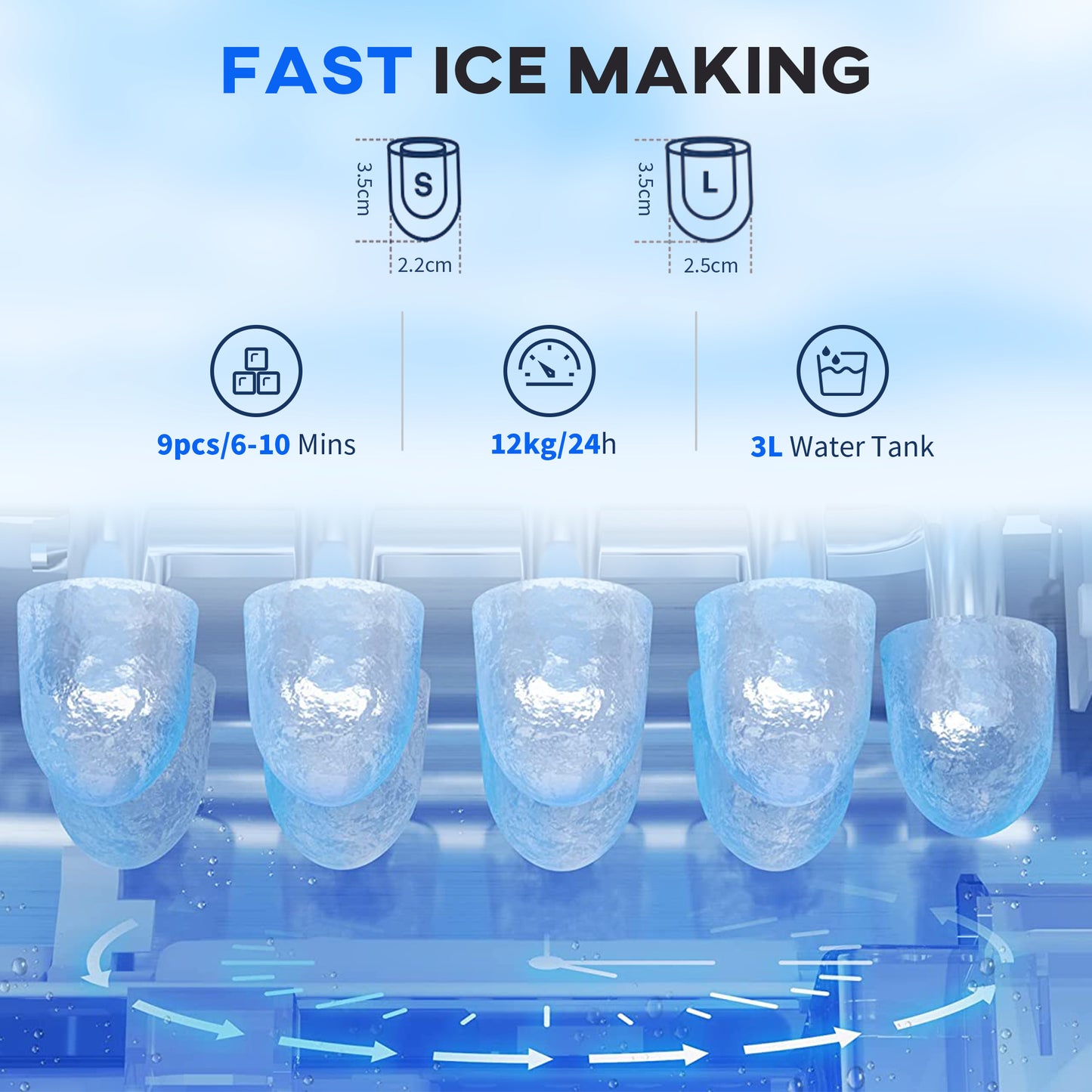 HOMCOM 3L Ice Maker and Water Dispenser Red, Produces 12kg Ice in 24 Hours, Cube Sizes, 9 Cubes Ready in 6-10 Minutes