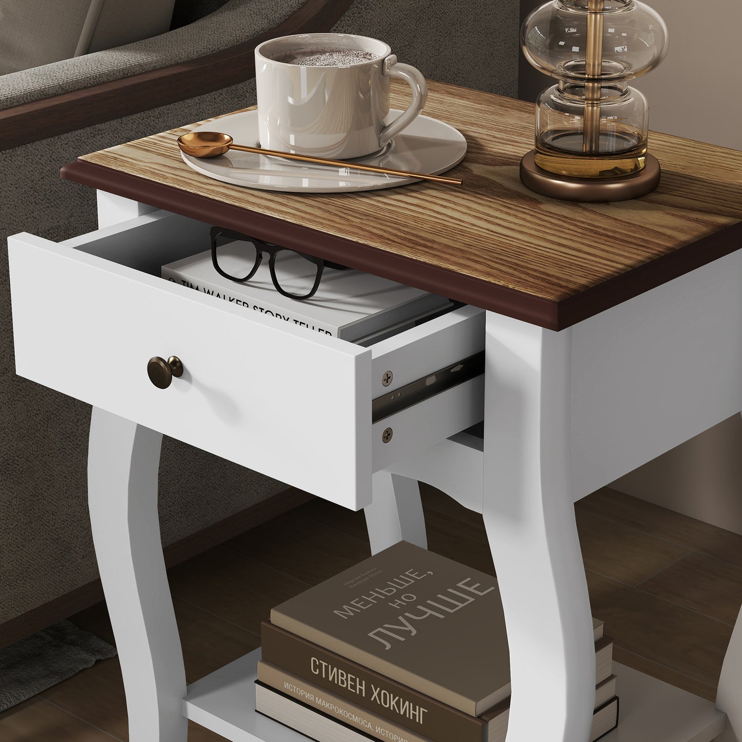 HOMCOM Two Piece Bedside Tables With Drawer In French Style With Open Shelf White Bedroom Nightstands