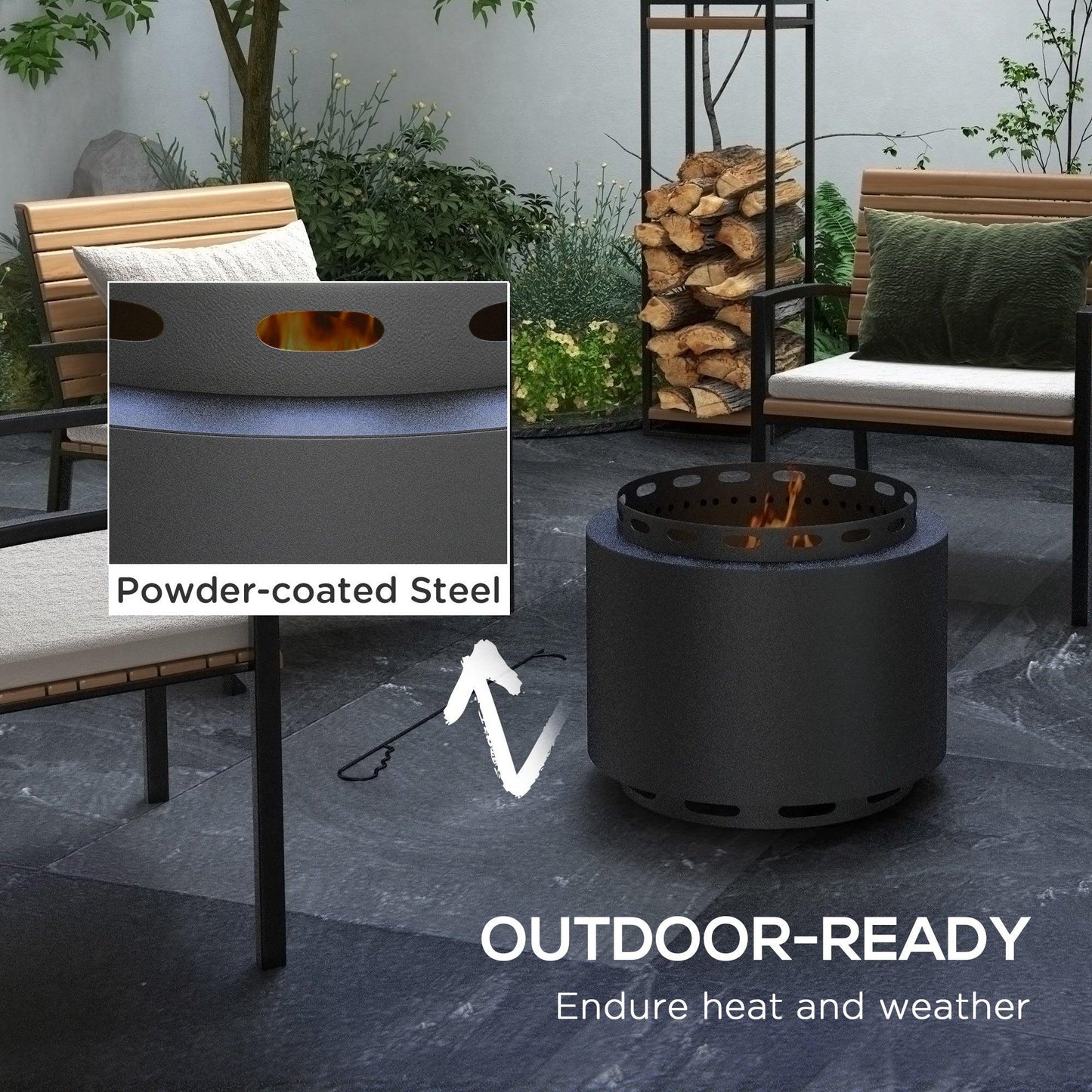 Outsunny Smokeless Fire Pit, 48.5cm Portable Wood Burning Firepit with Poker for Garden Camping Bonfire Party, Metal, Black - ALL4U RETAILER LTD