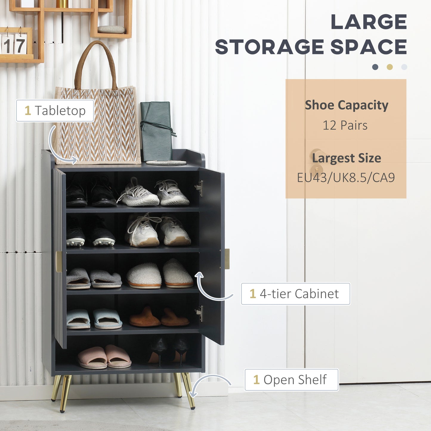 HOMCOM 19 Pairs Hallway Shoe Cabinet With Adjustable Shelves And Steel Legs Grey Entryway Furniture Set