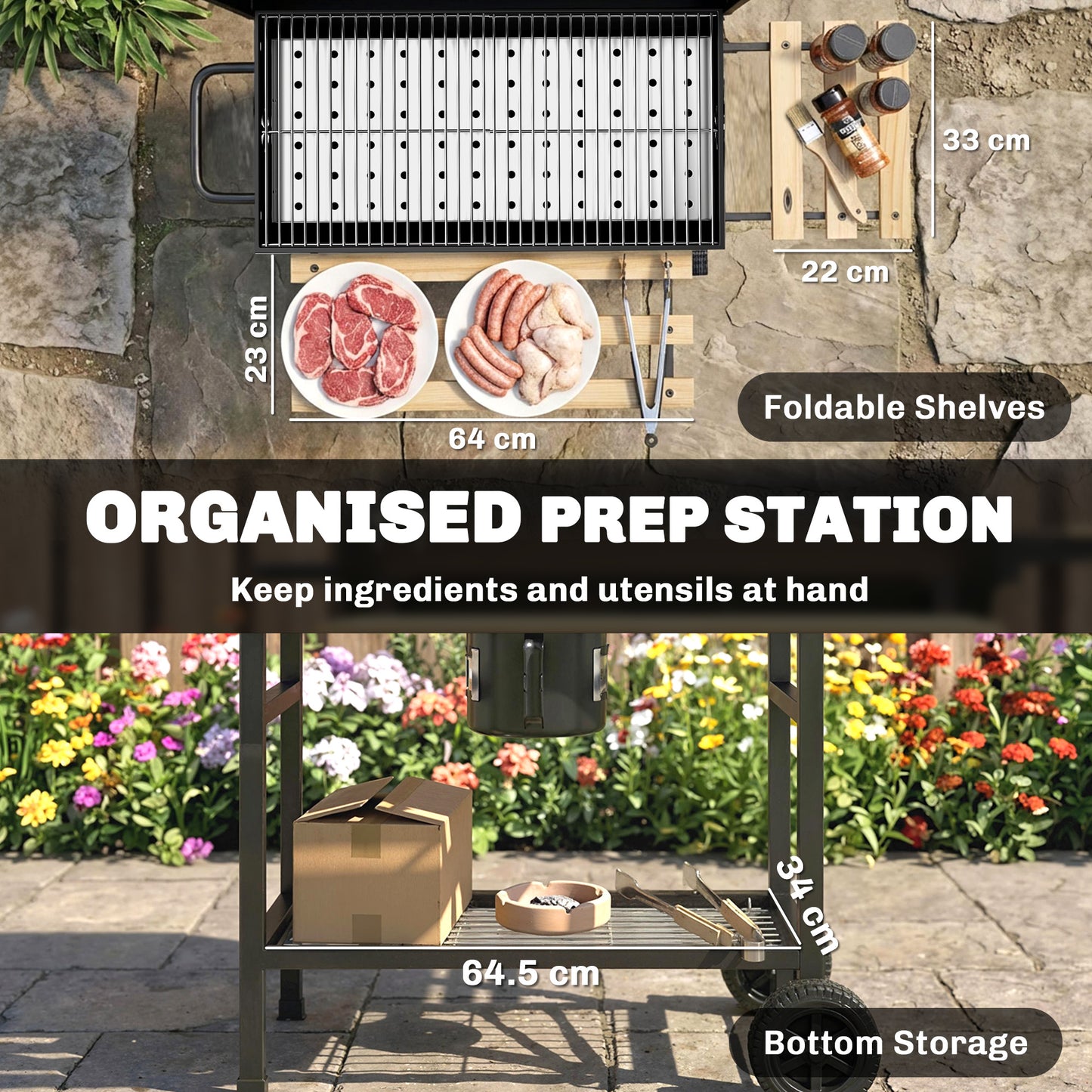 Outsunny Charcoal Grill Barrel BBQ Smoker With Warming Rack And Foldable Shelves Natural Wood And Black
