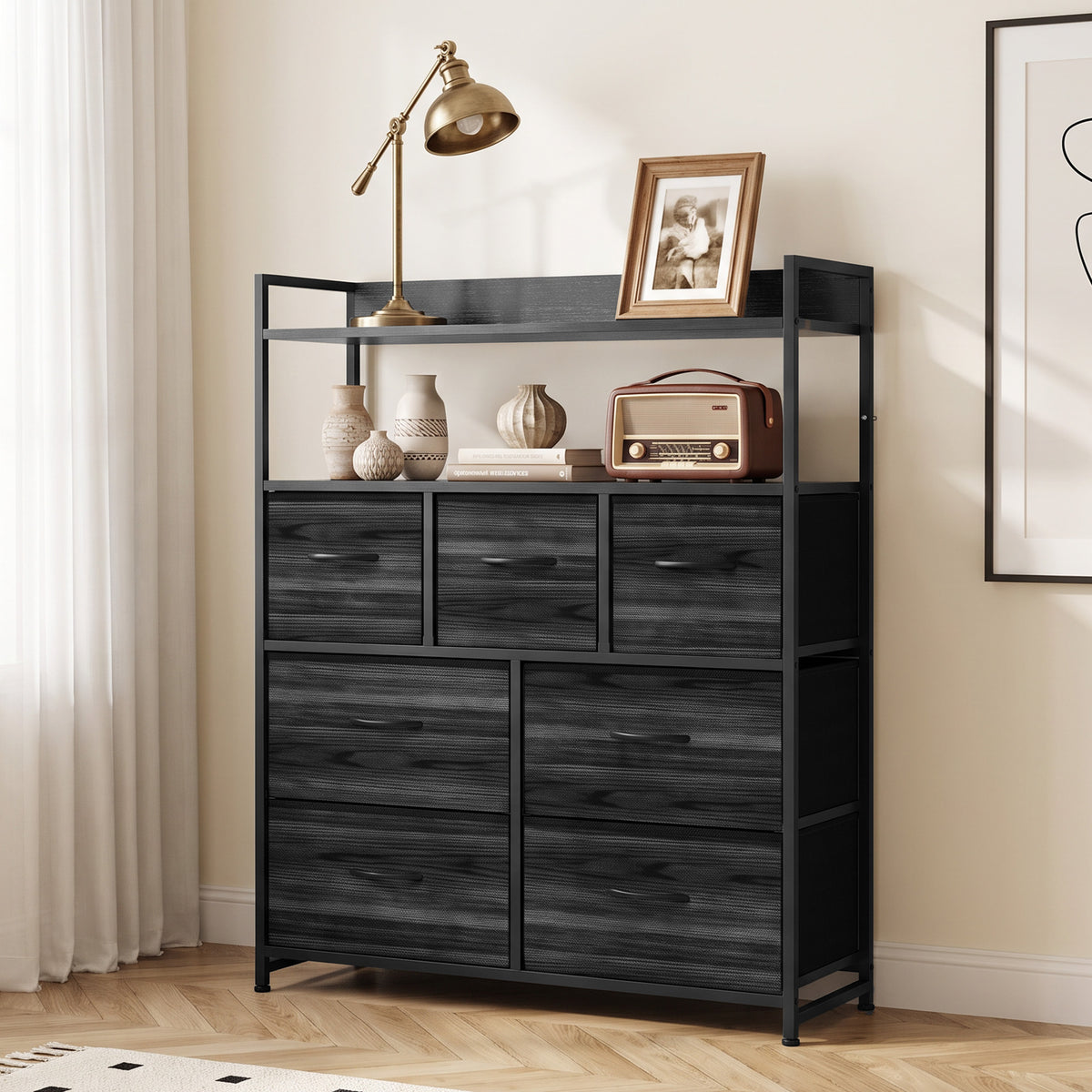 Black fabric dresser with open shelves and seven drawers, wood-effect panels and handles