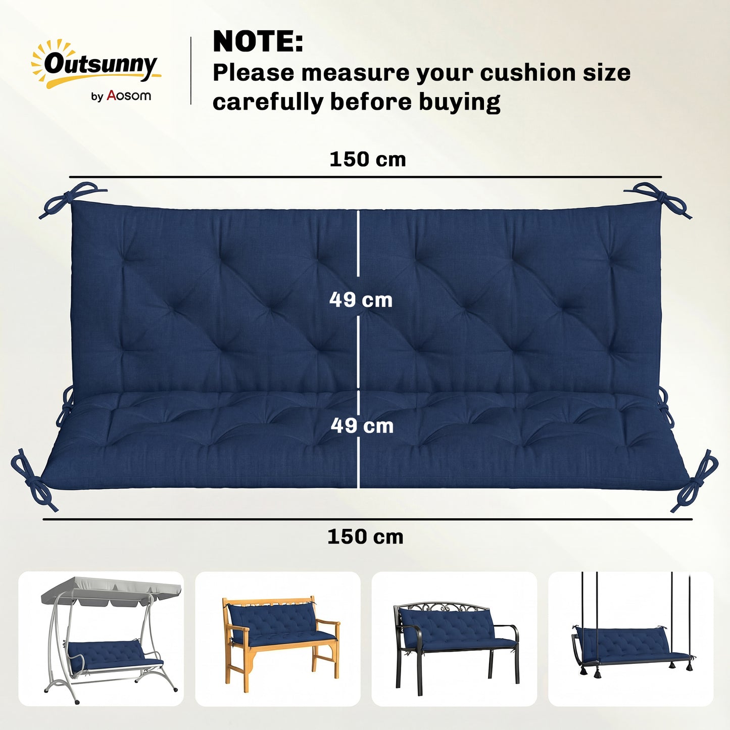 Outsunny 3 Seater Bench Cushion For Indoor And Outdoor Use With Back And Ties 98 X 150 Cm Dark Blue