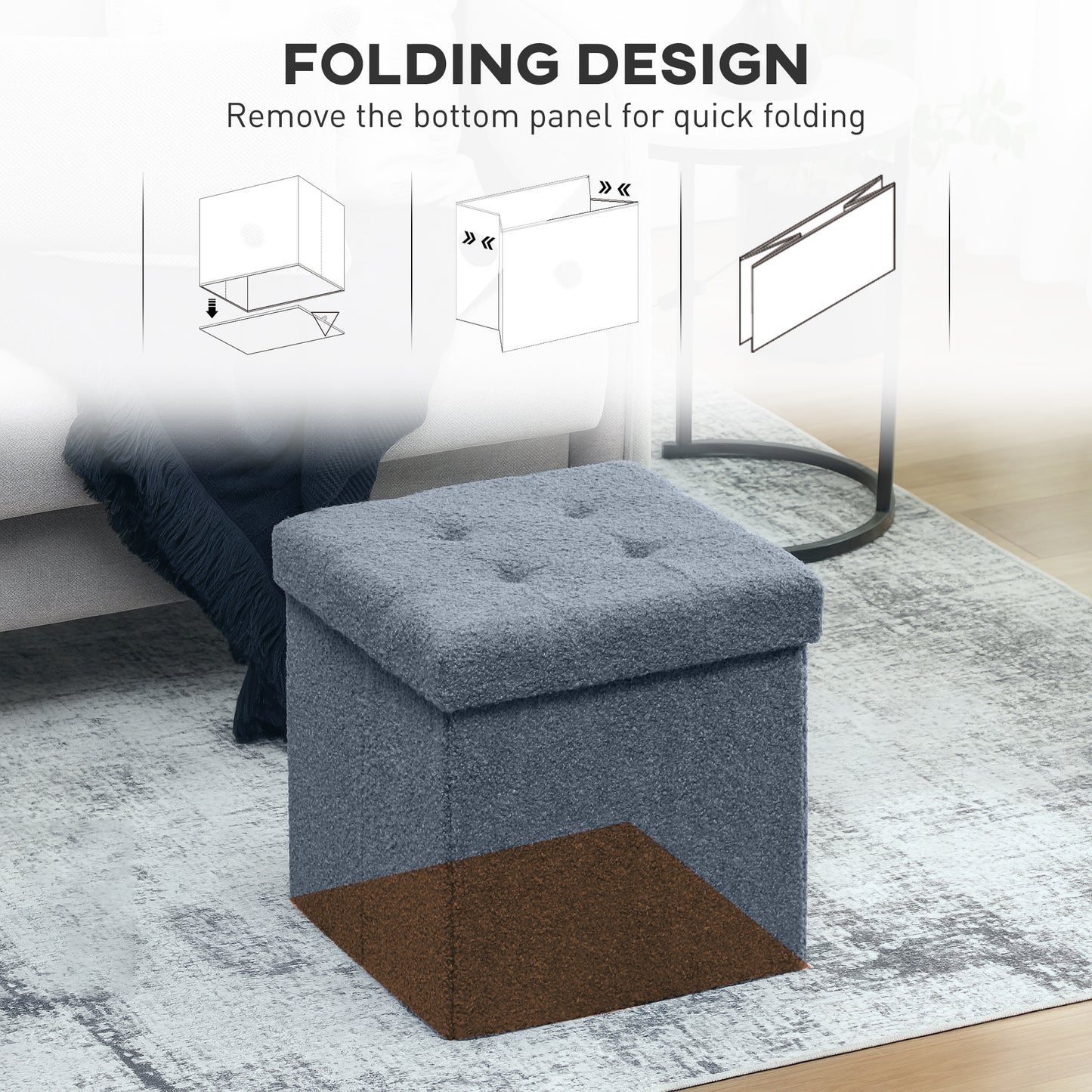 HOMCOM Foldable Sherpa Fleece Storage Ottoman Blue With High Density Foam For Space Saving Living Room Organization