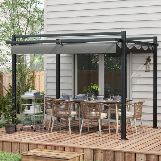 Outsunny 3 x 3(m) Retractable Pergola, Garden Gazebo Shelter with Aluminium Frame, for Grill, Patio, Deck, Dark Grey - ALL4U RETAILER LTD